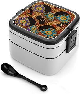 African Patterns, Head Wraps, Vibrant Colors Bento Lunch Box with Spoon, Double Layer Leakproof Food Container 1000ml