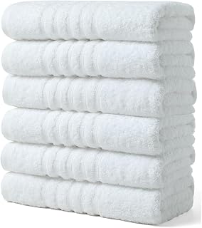 Aibaser 6-Pack 100% Cotton Bath Towels 24x48 Inches - Super Absorbent, Quick-Drying White Towels for Bathroom, Travel & Gifts