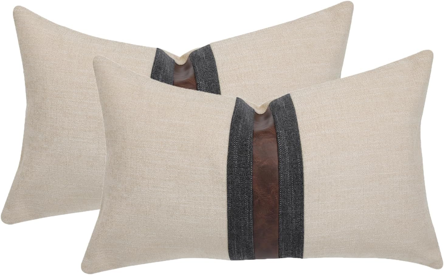 BOYSUM Set of 2 Leather Throw Pillow Covers Lumbar Cotton Linen Decor Patchwork Pillow Cover Faux Leather Pillows Cover for Couch Sofa Living Room Bedroom,Beige 12"x20"