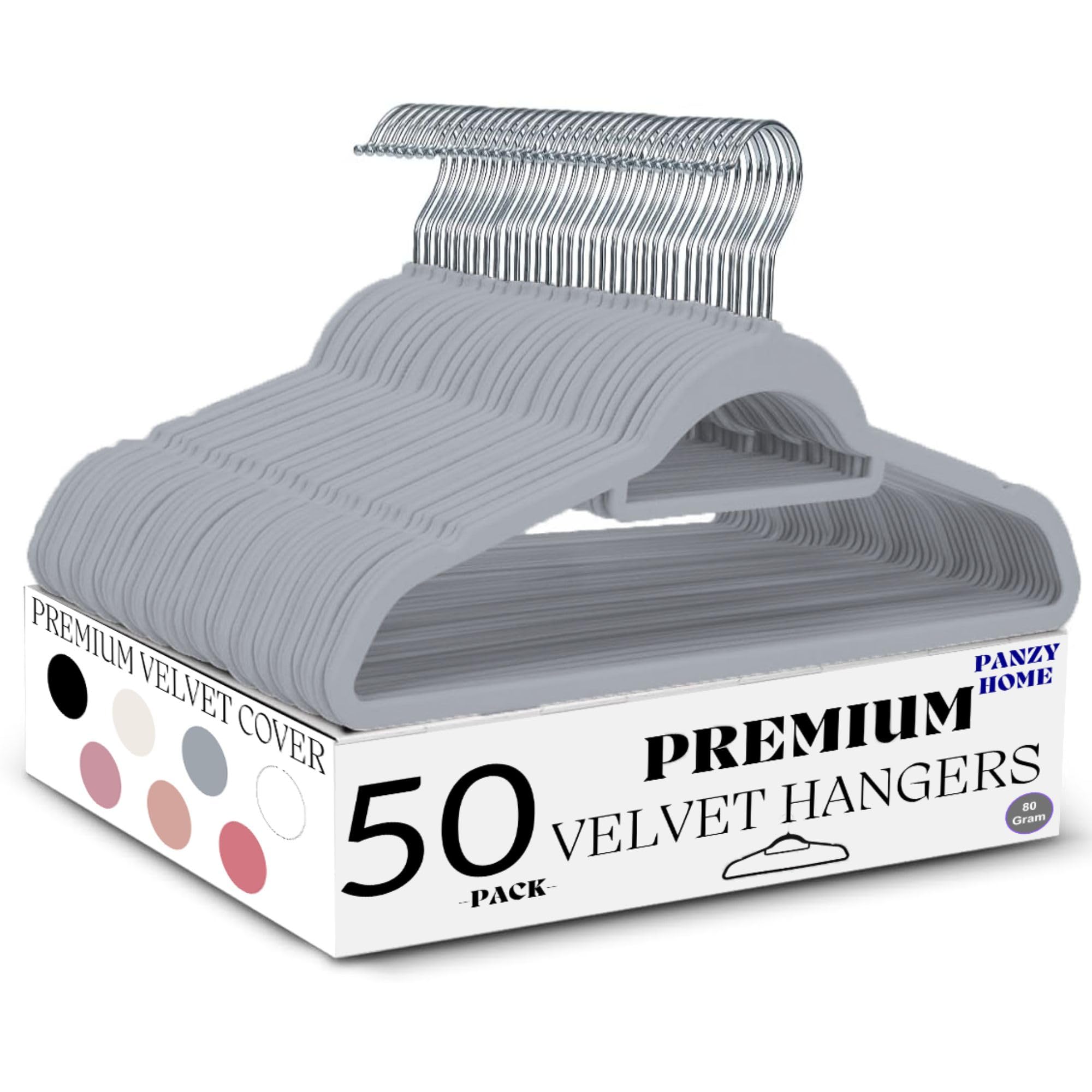 50 Velvet Hangers Non-Slip Clothes Coat Hangers Coat with Tie Bar and 360° Swivel Hook Space-Saving 0.6 cm Thick 45 cm Long, for Dresses Trousers (50 Pack Grey)