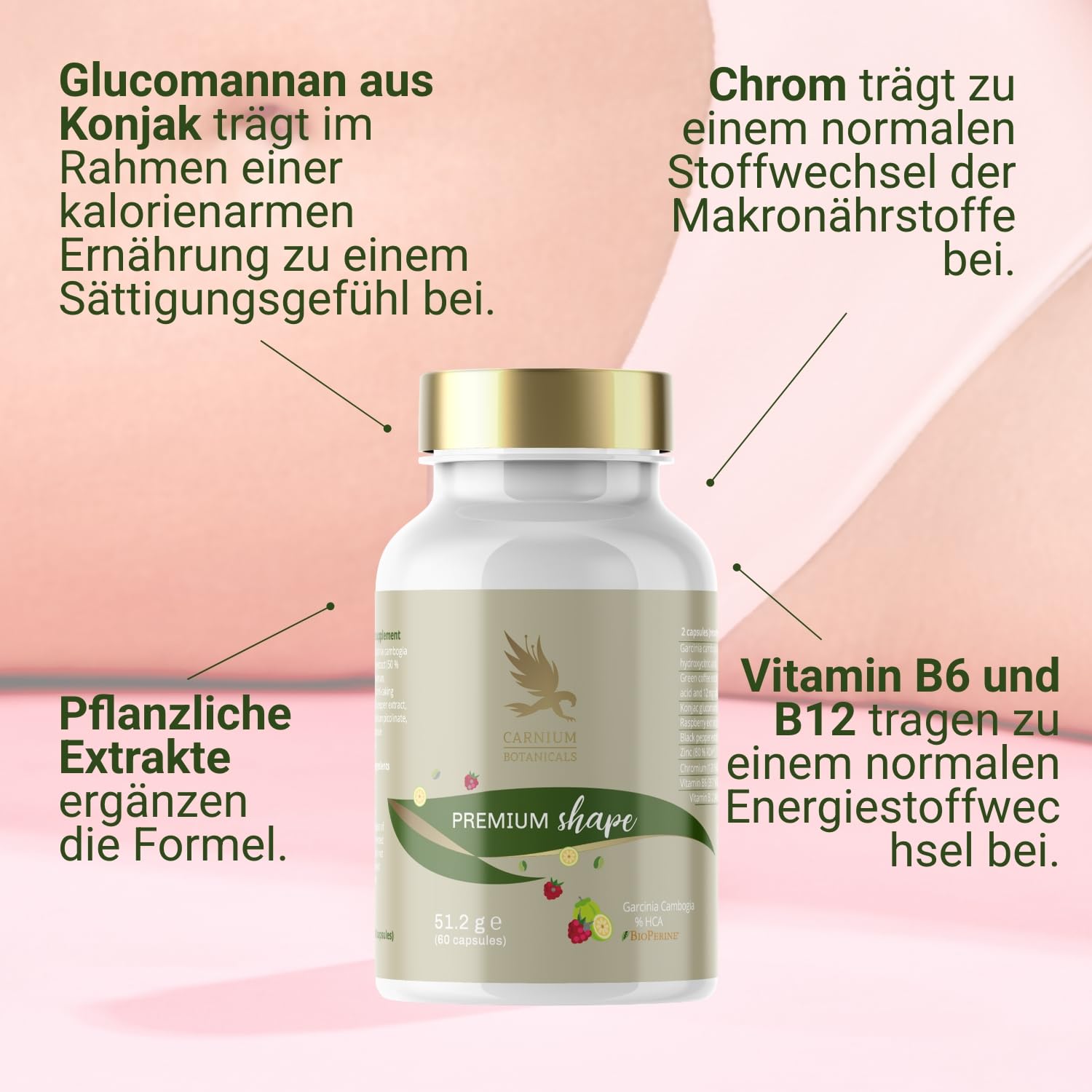 Carnium Botanicals Premium Shape – Glucomannan Kapseln, 60 Stück | Garcinia Cambogia, Grüner Kaffee, Schwarzer Pfeffer, Vitamine B12 & B6, Vegan und Glutenfrei