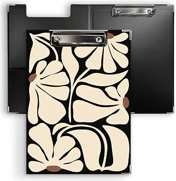 Ku-dayi Boho Abstract Floral Clipboard Padfolio with Storage Pocket, Black and Beige Botanical Plant Minimalist Neutral Flower Low Profile Clip Boards for Nurse Office Classroom, 12.4 x 9.25 in