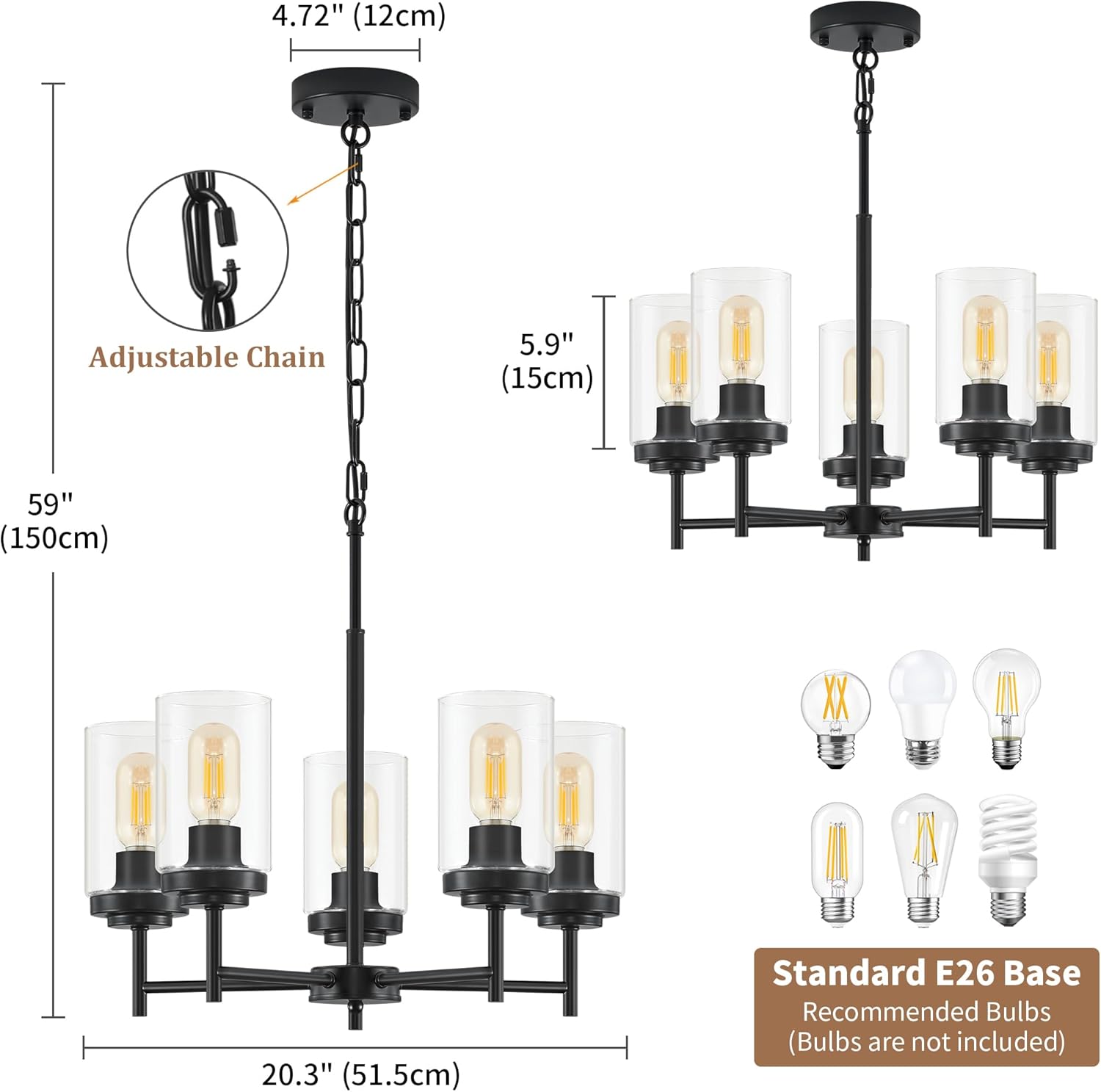 5-Light Farmhouse Glass Chandelier, Modern Black Chandelier for Dining Room Island Lights Industrial Hanging Foyer Lighting Fixtures Chandeliers for Entryway Kitchen Living Room Adjustable Height