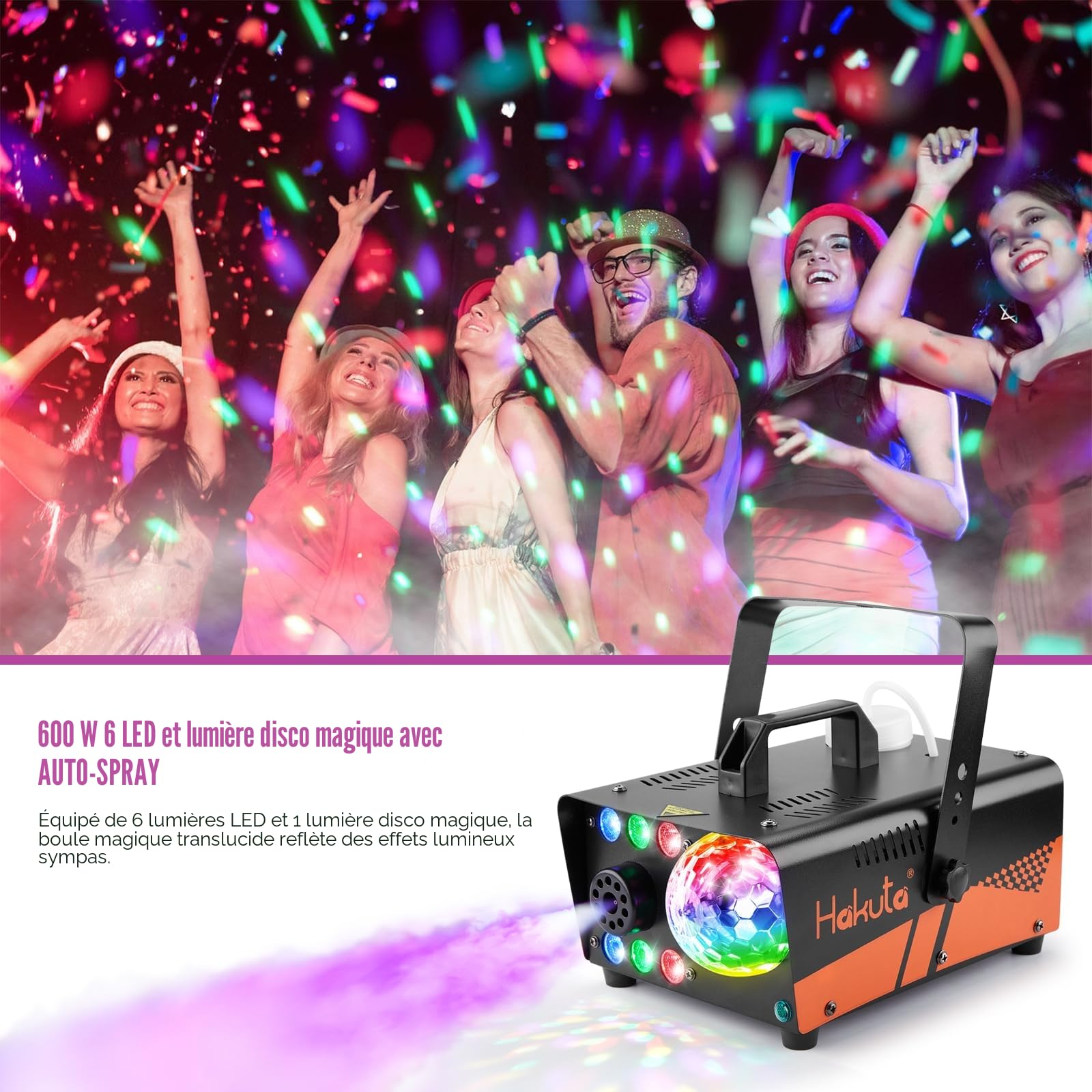HAKUTA Machine à fumée avec boule disco lumineuse et lumières LED RGB, machine à fumée 2300 CFM Spray avec fonction Auto-Spray, idéal pour Halloween, Noël, mariages