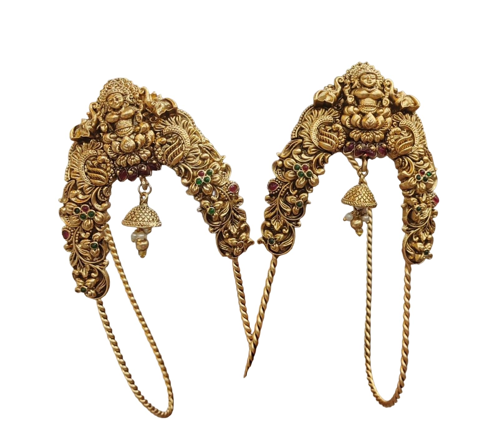KGR Splash Gold Plated Matt Finish Lakshmi Design Plain Jhumka Hangings KGR Splash Flower Design KGR Splash Singapal design Green Beads Hangings KGR Splash Red Stones Lakshmi & Floral design Matt Finish Vanki 2 Armlet | Traditional South Indian Bajubandh for Women & Girls | Bridal & Ethnic Jewellery-image-38