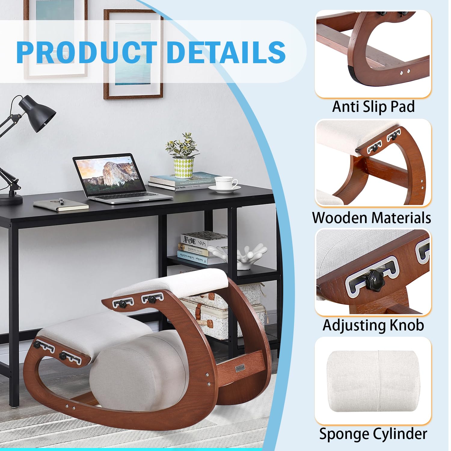 Adjustable Kniestuhl, Ergonomischer Schaukelstuhl aus Holz - Verbessern Sie Ihre Körperhaltung mit einem angewinkelten Sitz für Zuhause, Büro (Pekannuss)
