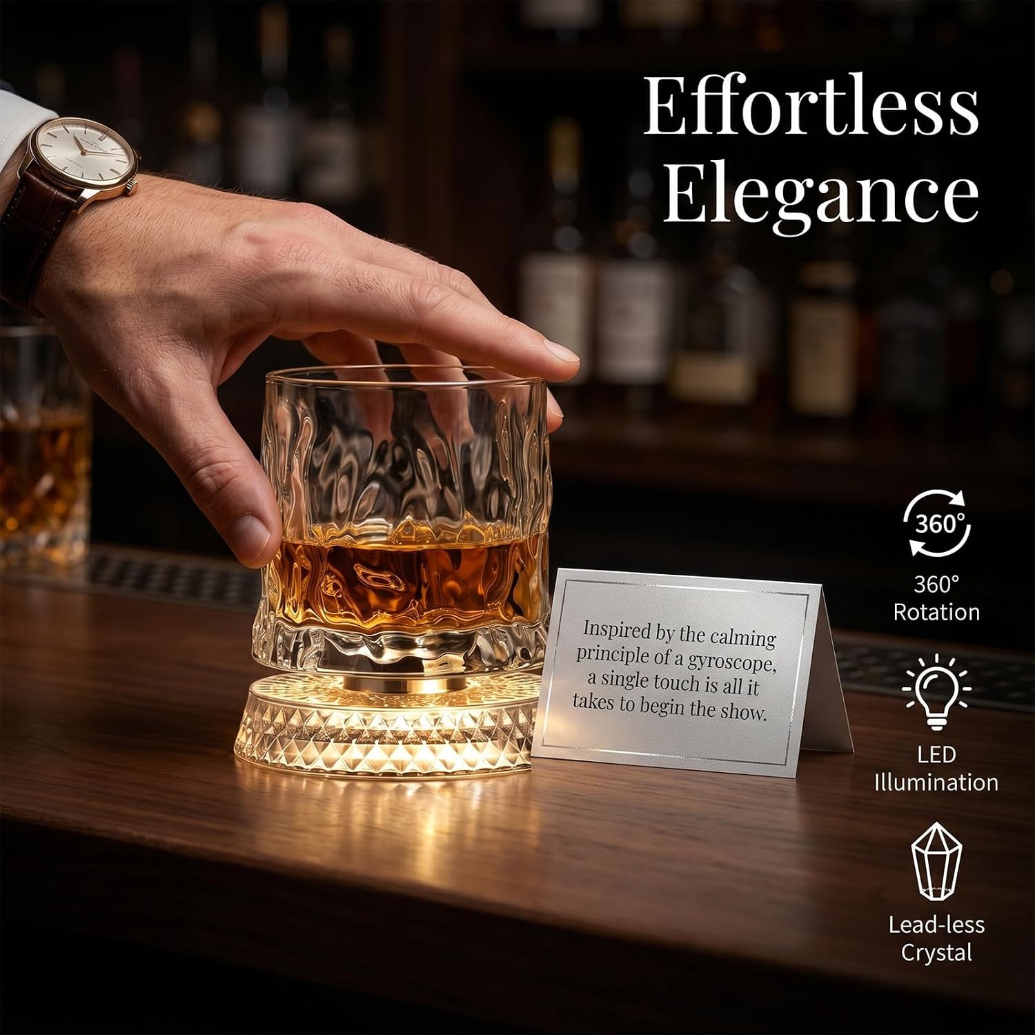 Spinning Whiskey Glasses Set of 2-360 Rotating Crystal Whiskey Glass with Heavy Base, Lead-Free Old Fashioned Rocks Glasses for Bourbon Scotch Cocktail, Unique Drinking Glasses Gift for Men ，D-set：2
