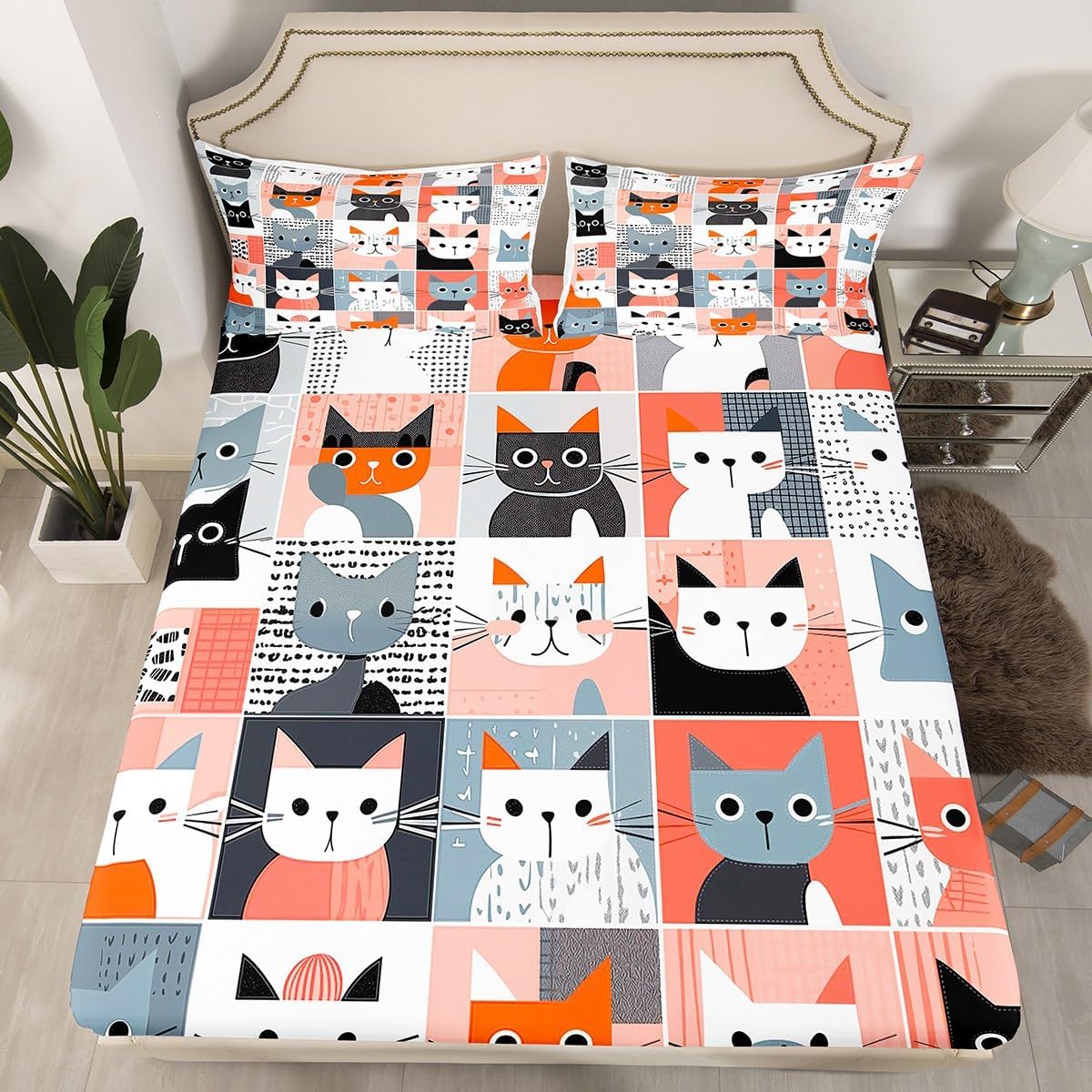 Erosebridal Cat Checkered Fitted Sheet Full Size Girls Cartoon Cat Bed Sheets,Funny Animal Printed Bedding Buffalo Plaid Bed Cover Kids Orange Grey Home Decor,Soft 3 Piece for All Season