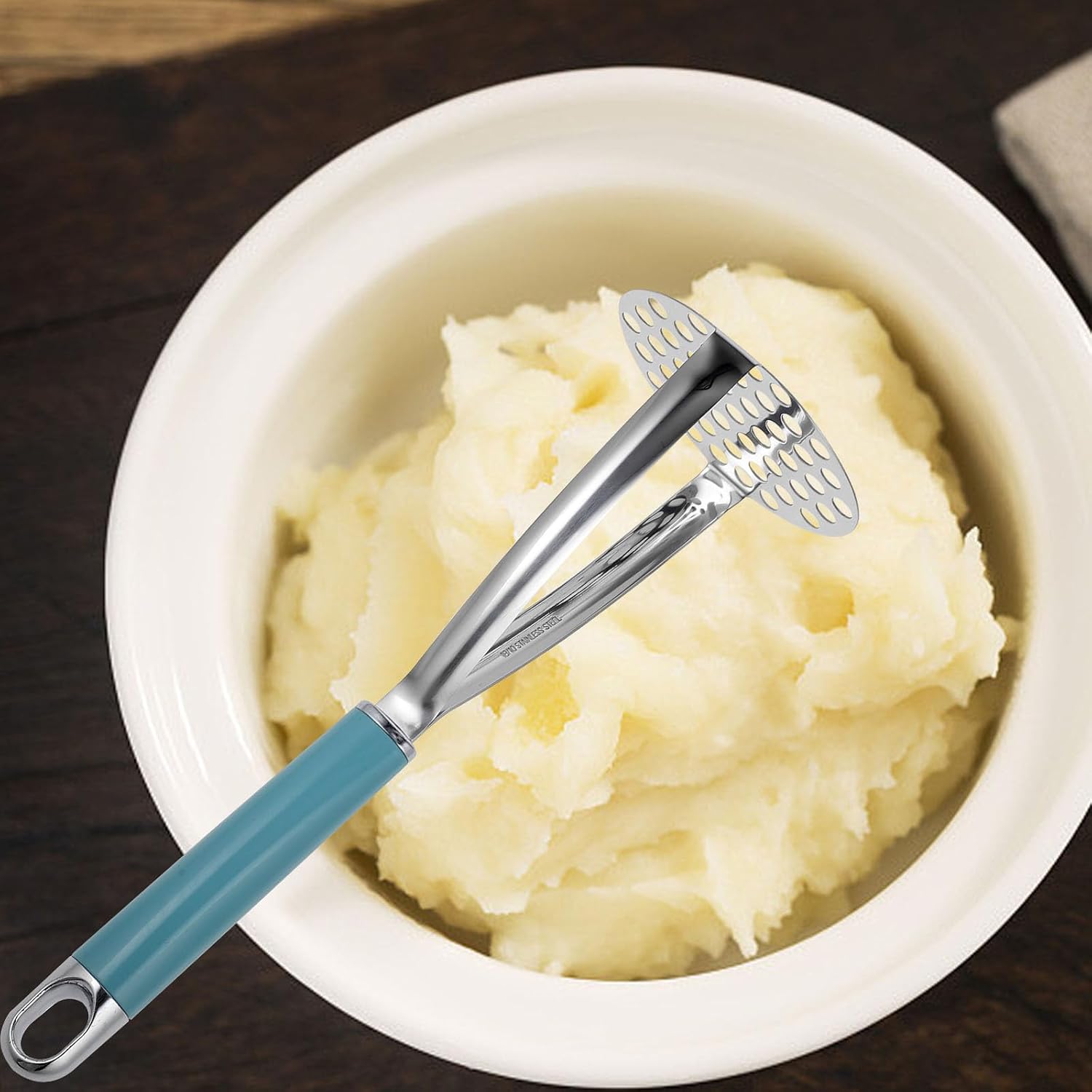304 Stainless Steel Potato Masher with Silicone Handle, Reusable Food Grinder and Crusher Tool for Kitchen and Food Preparation