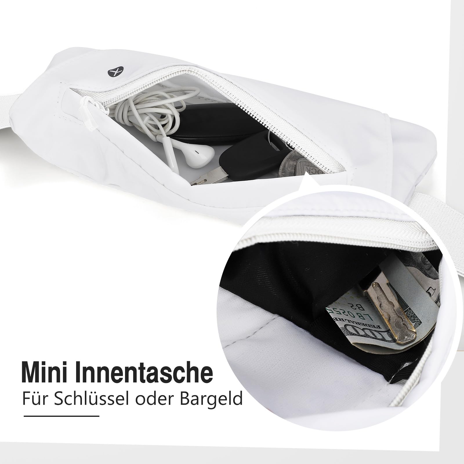 JasGood Laufgürtel für Handy Bauchtasche Hüfttasche Elastischer Lauftasche für Damen und Herren Gürteltasche Brusttasche zum Laufen Joggen Fitness Sport,Weiß