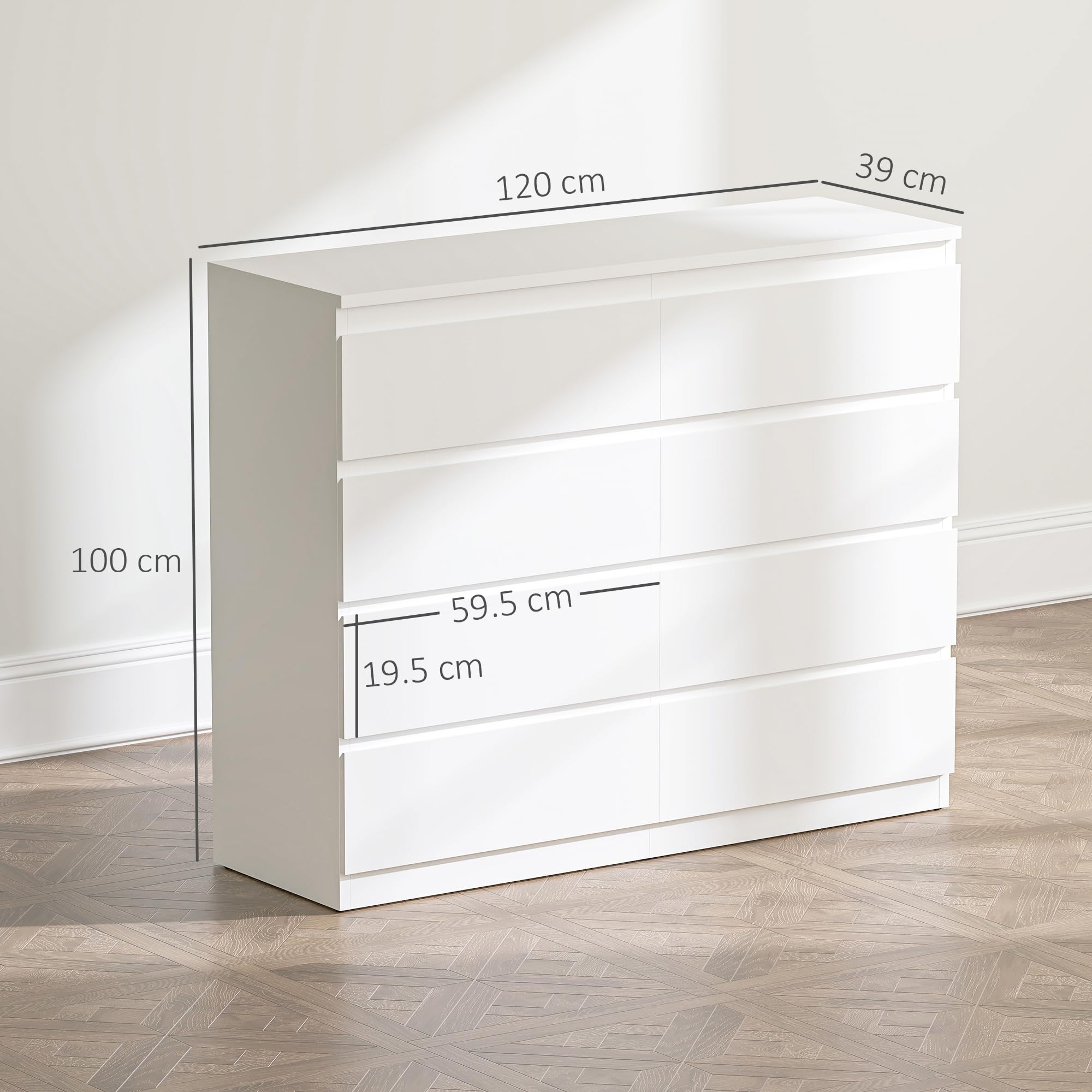 Cassettiera HOMCOM 8 Cassetti 120cm - Comò Camera Bianco, Legno, Antiribaltamento