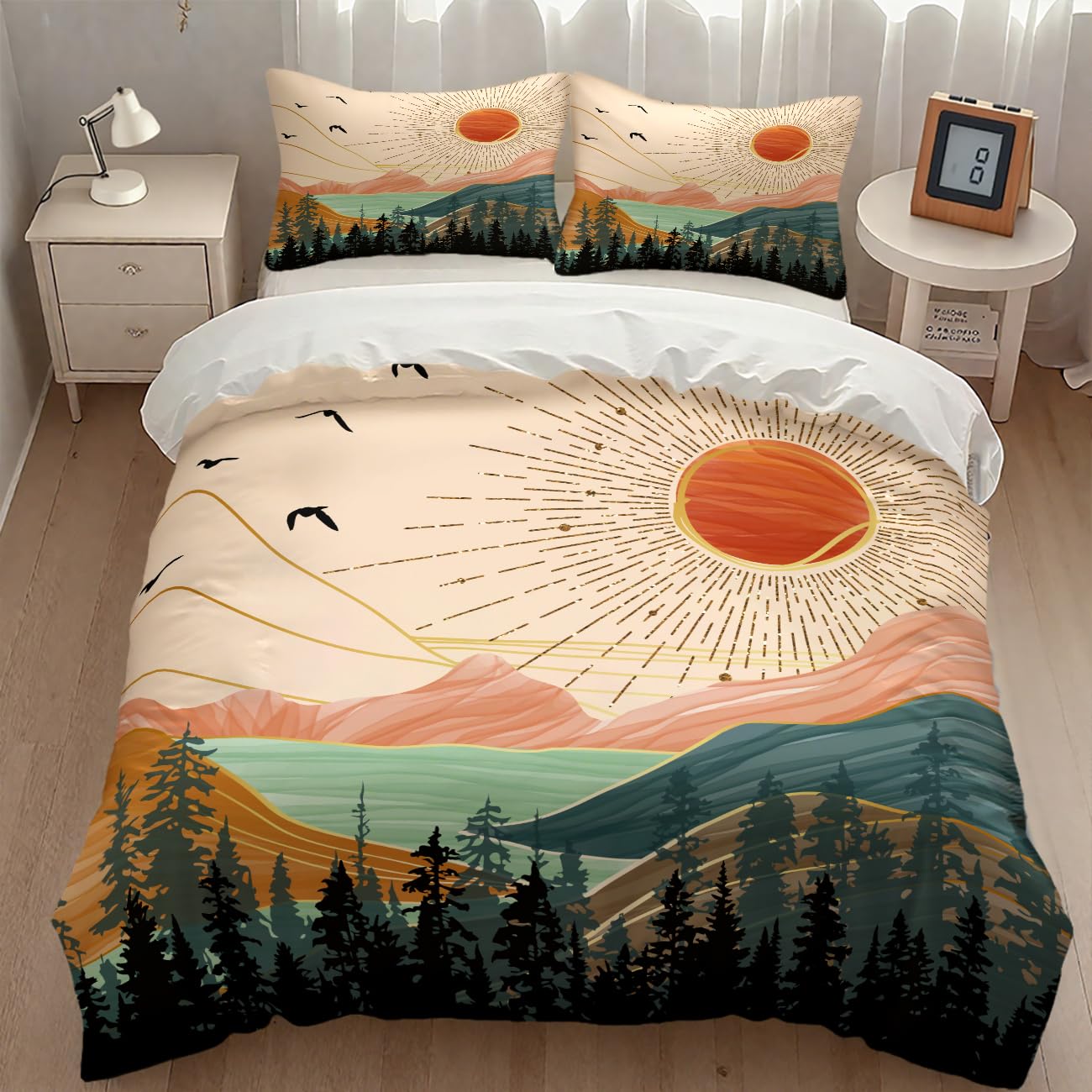 Boho Sun Bedding Set,Modern Minimalist Abstract Mountain Nature Leaves Sunrise Comforter Set with Pillowcase for Bedroom Bed Decor,Full 79"x90"