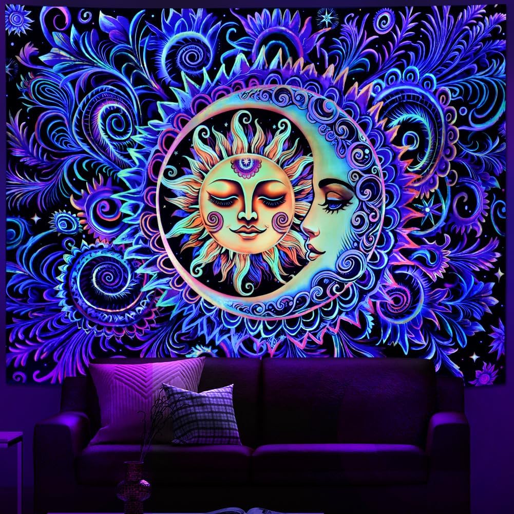 Galoker Blacklight Sun and Moon Tapestry Psychedelic Mystic Floral Tapestry UV Reactive Neon Flower Plant Wall Tapestries Starry Night Sky Tapestries Wall Hanging for Home Decor(59.1"x78.7")