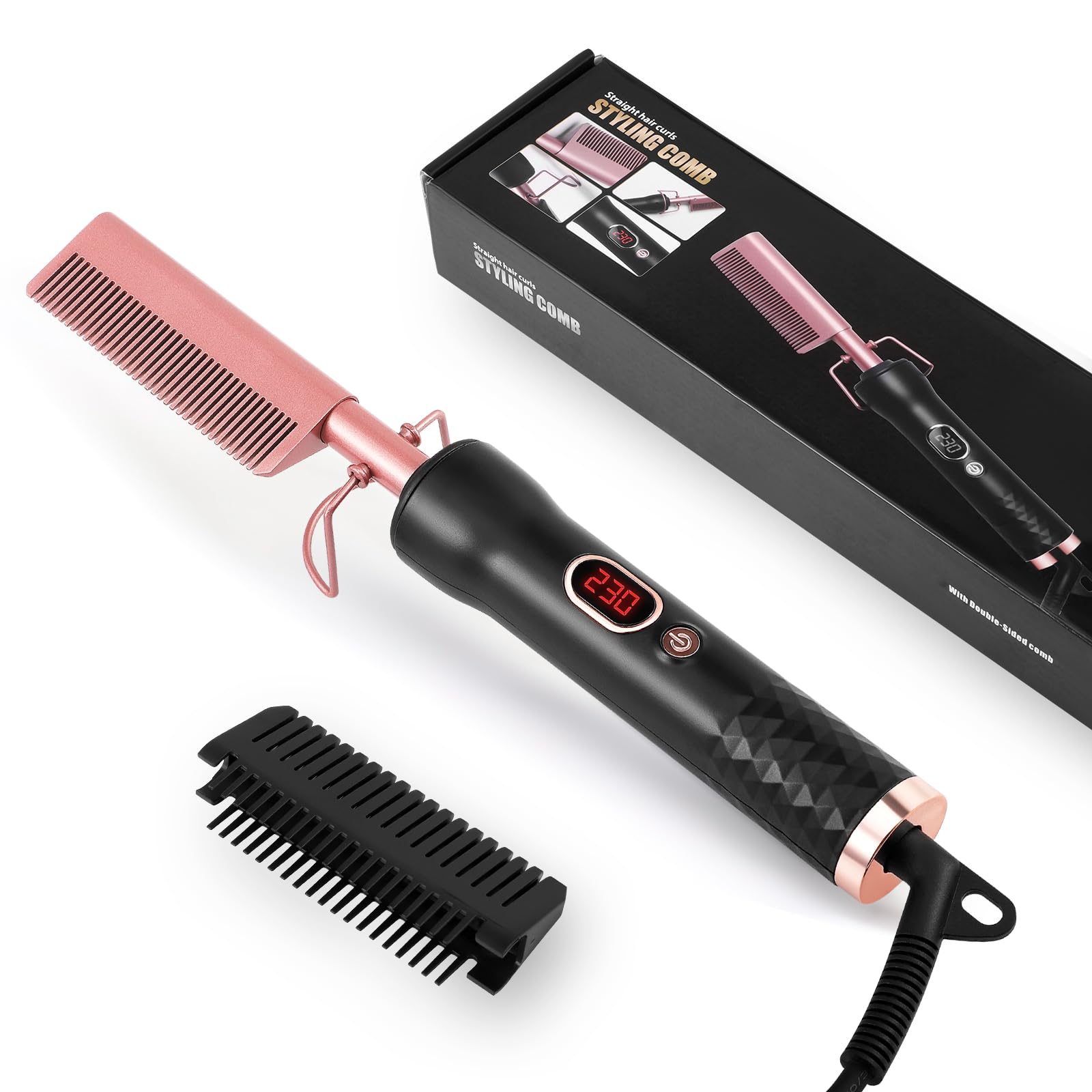 Peine Caliente Eléctrico, 120 °C - 230 °C 9 ajustes de temperatura Peine caliente para cabello afro Pelucas de encaje barba, peine alisador de cerámica con pantalla LCD HD para cabello húmedo y seco