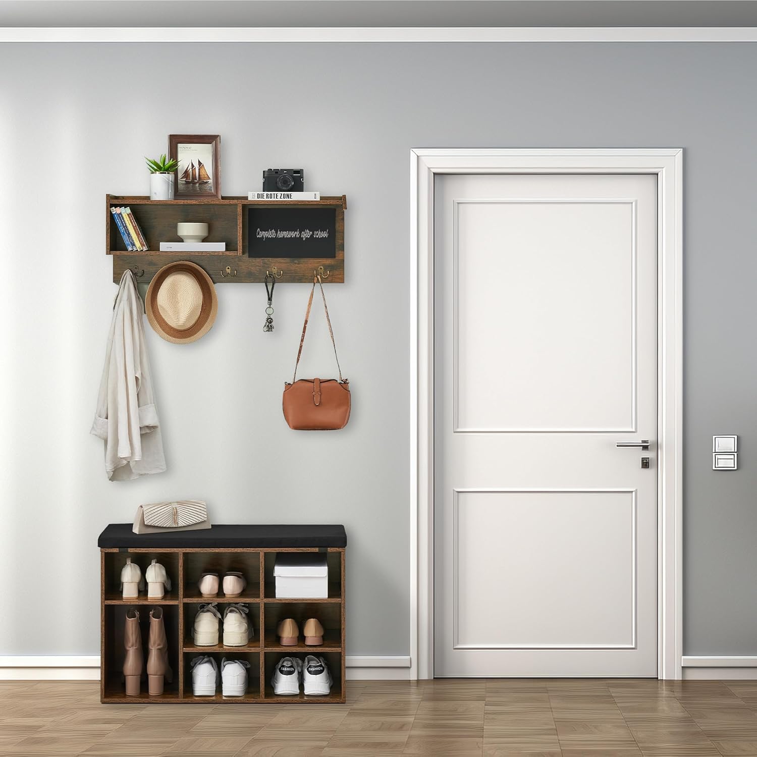 Coat Rack, 31.5 in Entryway Bench with Cushioned Shoe Storage Bench with Cubbies, Hall Tree Shoe Rack for Entryway, Front Door Organizer with Hooks, Blackboard & Shelf for Living Room, Hallway