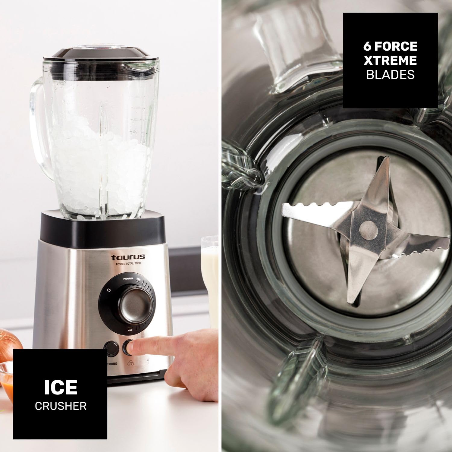 Taurus - Power Total Batidora de Vaso | 2000W Potencia | Jarra de Cristal 2,2L | Cuchillas de 6 Filos | Programas Turbo | Smoothies | Pica Hielo