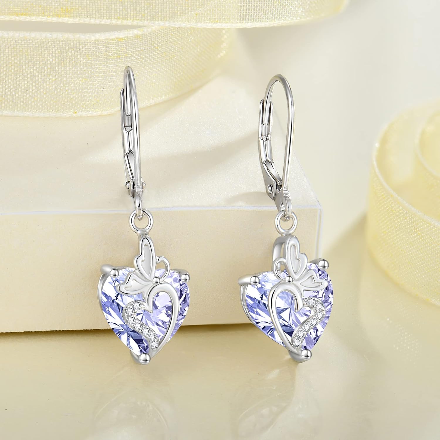 Butterfly Dangle Drop Earrings for Women 925 Sterling Silver Birthstone Earrings Love Heart Leverback Jewelry for Women