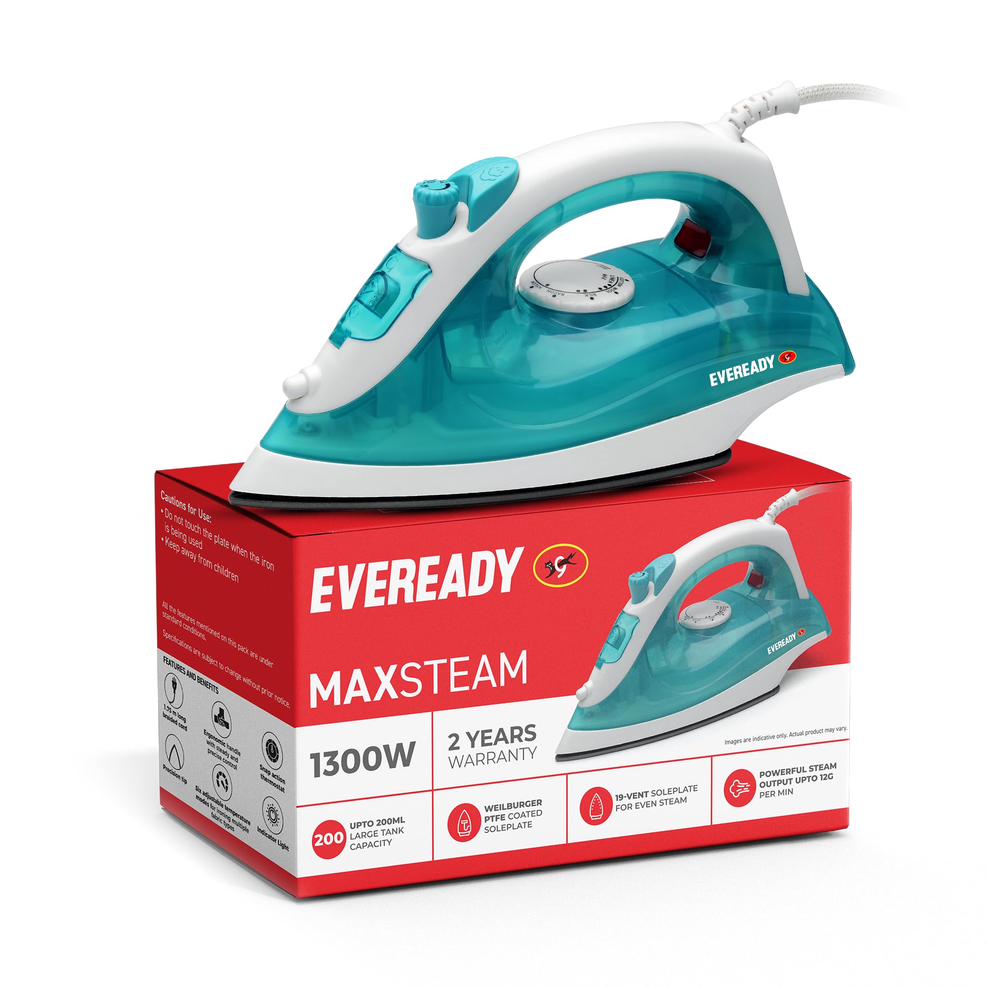 Eveready Maxsteam 1300W Steam Iron with Weilburger PTFE Coated Soleplate, 19-Vent Even Steam Distribution, 200ml Large Water Tank, 1.75m Long Braided Cord & 2 Years Warranty (Blue-White)-image-14