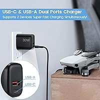 Vista 4 de Cargador rápido USB C PD de 30 W para DJI Neo, Mini 4K, 2 SE, 4 Pro, Air 2S, Avata 2 Drones, USB de doble puerto + cargador de pared tipo C