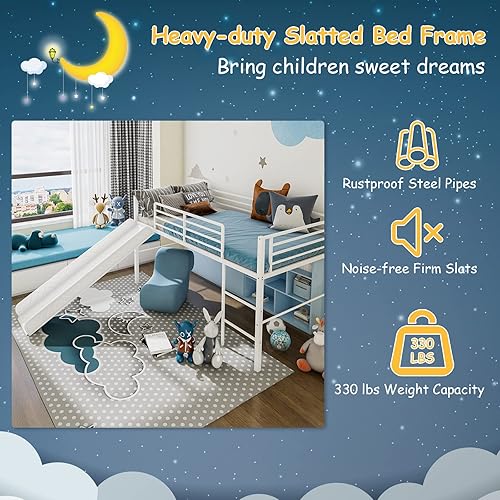 Miniatura 7 de Giantex Cama alta individual con tobogán, litera baja de metal con barandillas de seguridad y escalera integrada, marco de suelo de cama infantil