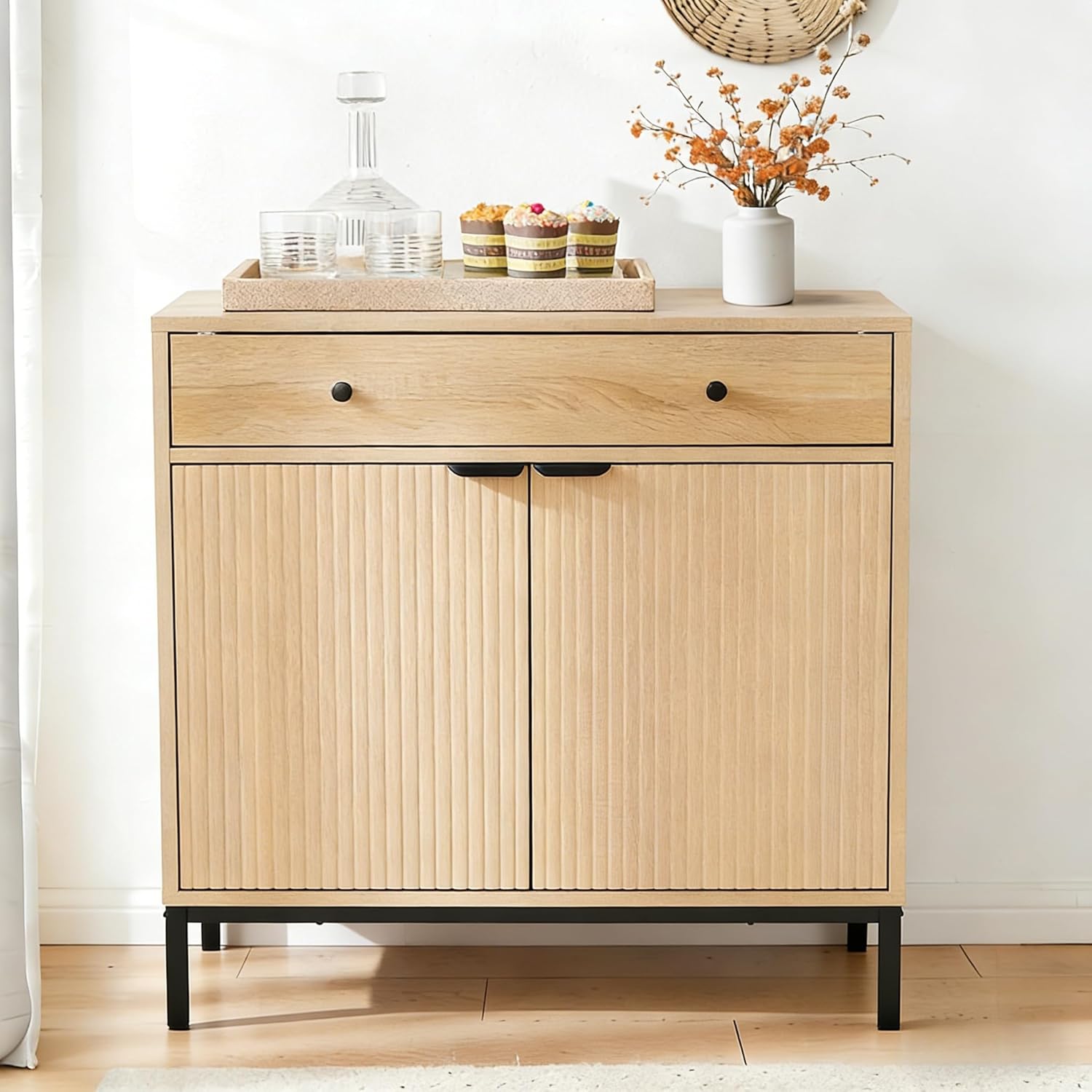Fluted Sideboard Buffet Cabinet with Storage, 2 Doors, Wooden Mid Century Accent Coffee Bar Cabinet for Living Room, Kitchen, Entryway, Hallway