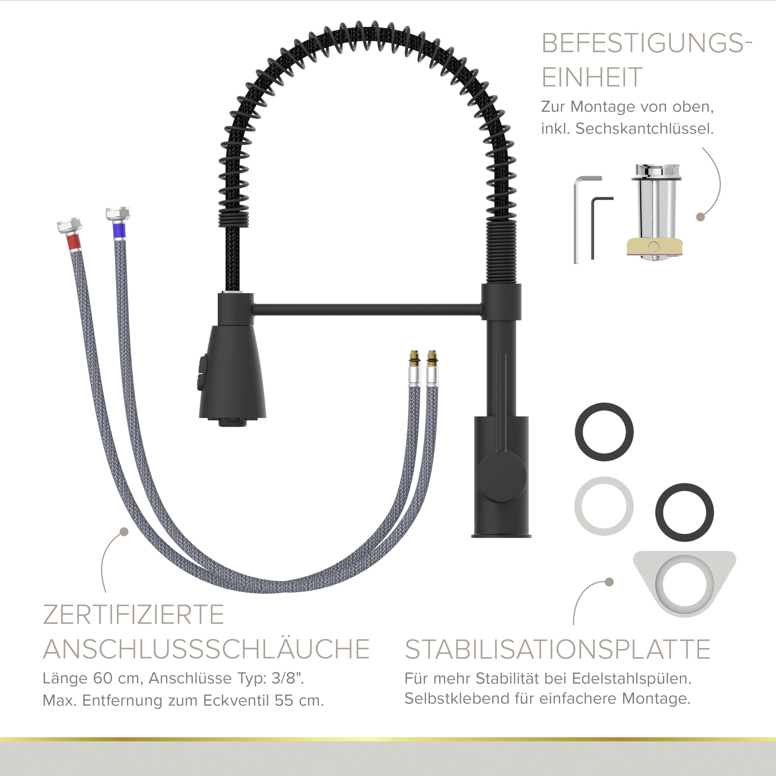 Lenz Küchenarmatur KALANI² in Schwarz-matt – Flexible Federbrause | Geschirrbrause mit 2 Strahlarten, Einfache Montage von oben, Anti-Fingerabdruck Oberfläche, Nickelfrei, Höhe 46 cm, 46070351