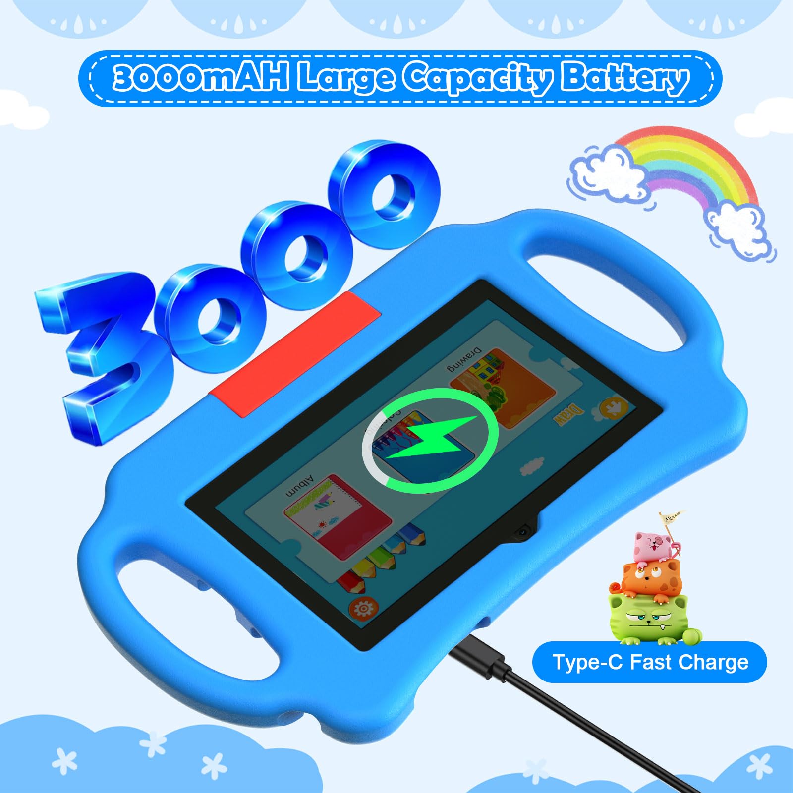 Tablet per bambini 7 pollici Android 12.0 per bambini, 4 GB di RAM 32 GB ROM Bluetooth IPS schermo controllo parentale doppia fotocamera antiurto custodia per giochi educativi (blu)