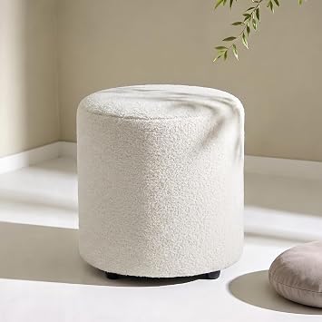 Modern Round Vanity Stool, Small Ottoman, Cute Fabric Foot Stool, Teddy Fleece Footrest, Upholstered Vanity Chair, Stool for Makeup, Bedroom, Living Room 1, Round-White