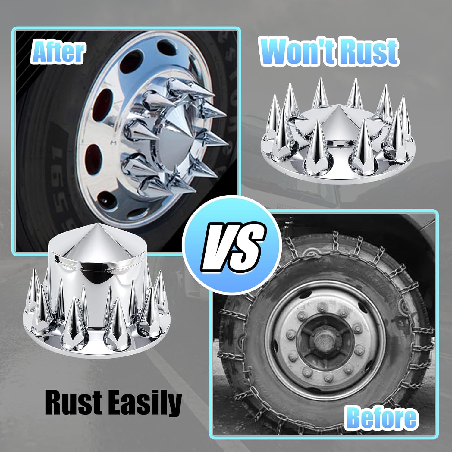 ABS Chrome Plastic Front Axle and Rear Cover Kits with 33mm Push-on Flange Nut Covers for Semi Trucks in Pairs, Spiked, 2+4 Set