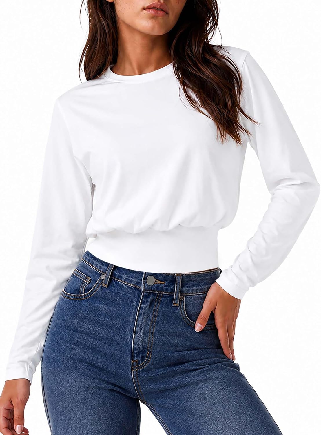 Remidoo Women's Long Sleeve Crop Top Banded Bottom Tops Casual Cropped T Shirt