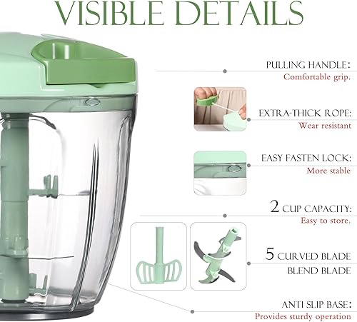 Miniatura 5 de Ourokhome Molinillo de ajo, picador de cebolla, procesador manual 2 en 1, portátil y rápido, con cuerda, para verduras, jengibre, frutas, frutos