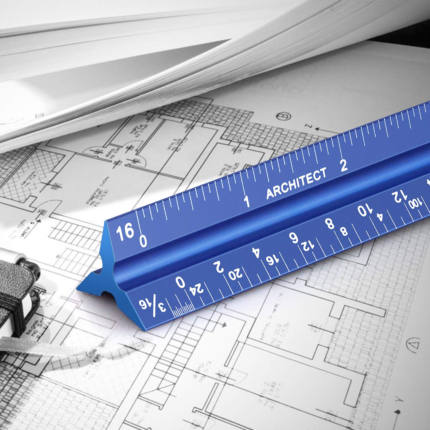 Regla de escala arquitectónica de aluminio de 12 pulgadas, regla triangular para arquitectos, dibujantes, estudiantes e ingenieros, azul