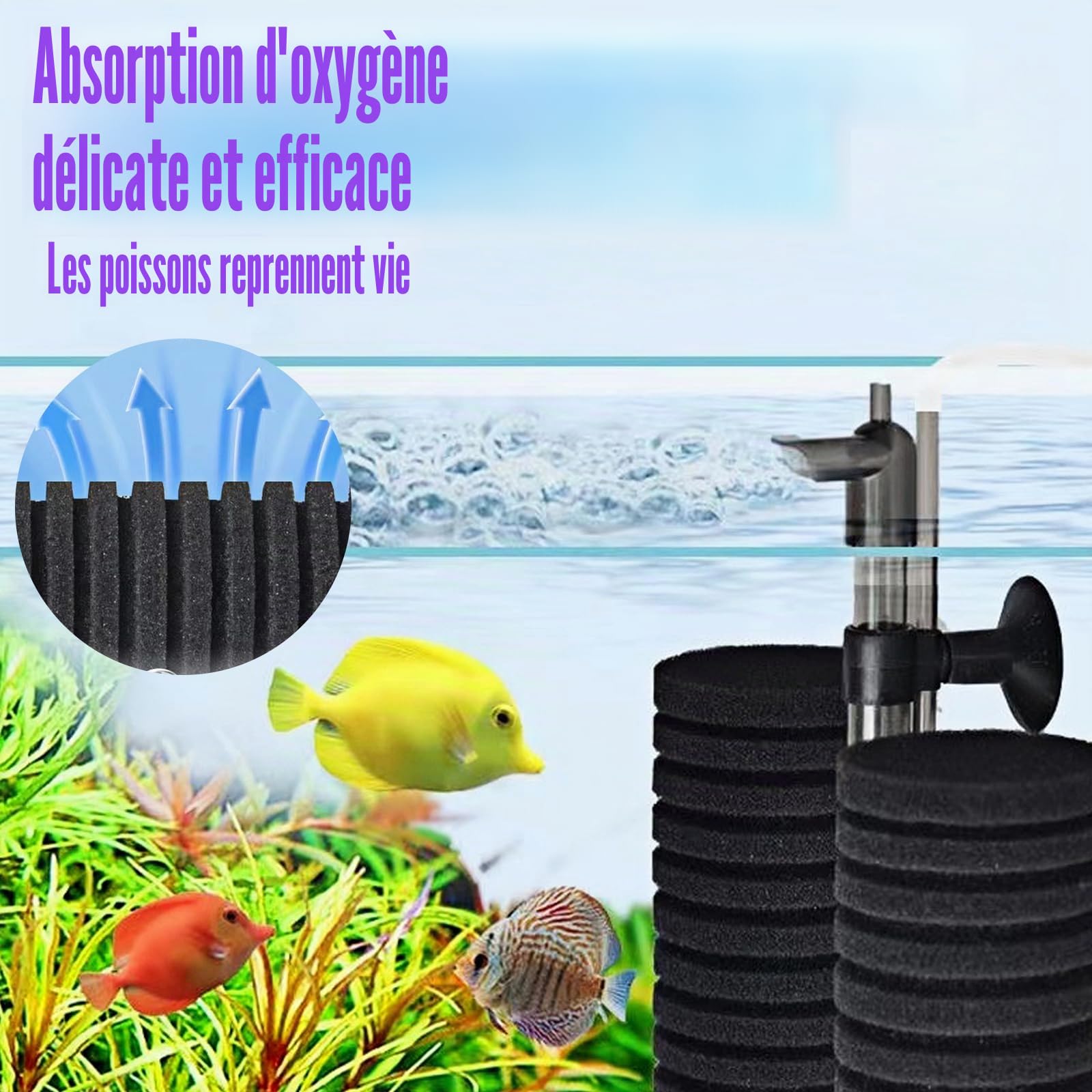 Filtre Éponge d'Aquarium avec Pompe, Filtre Interne Aquarium avec 1 Sac Billes Céramique, Electrique Filtre Aquarium Réglable, Double Filtre Eponge Interieur pour Aquariums de Différentes Profondeurs