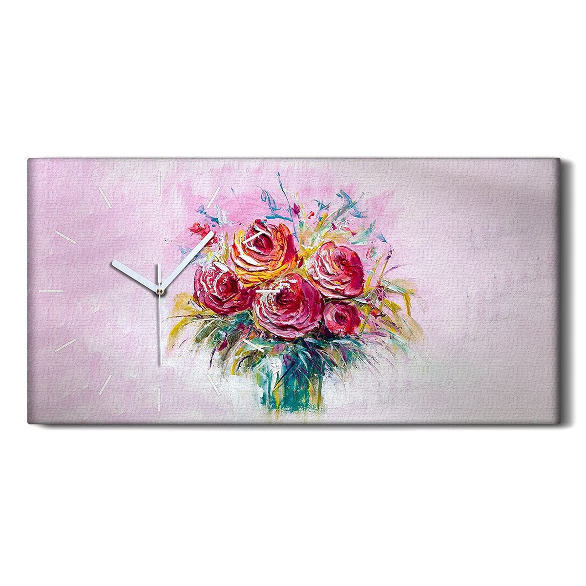 Horloge sur Toile Art Moderne Salon 60x30cm Image Fleurs d'Huile