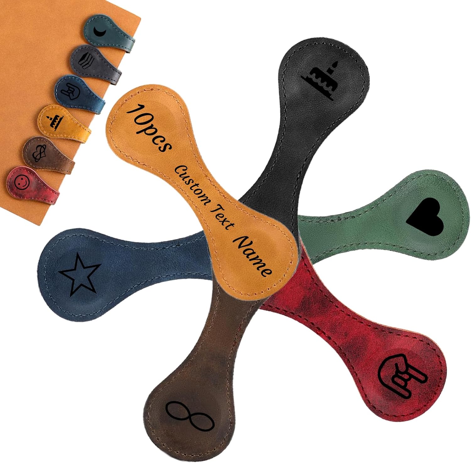 HJX 10Pcs Personalized Magnetic Leather Bookmark Custom Engraved Vintage Name Initials Text Book Marker Clips,Personalized Gifts for Readers Kids Classmates Teachers Book Lovers (10Pcs)