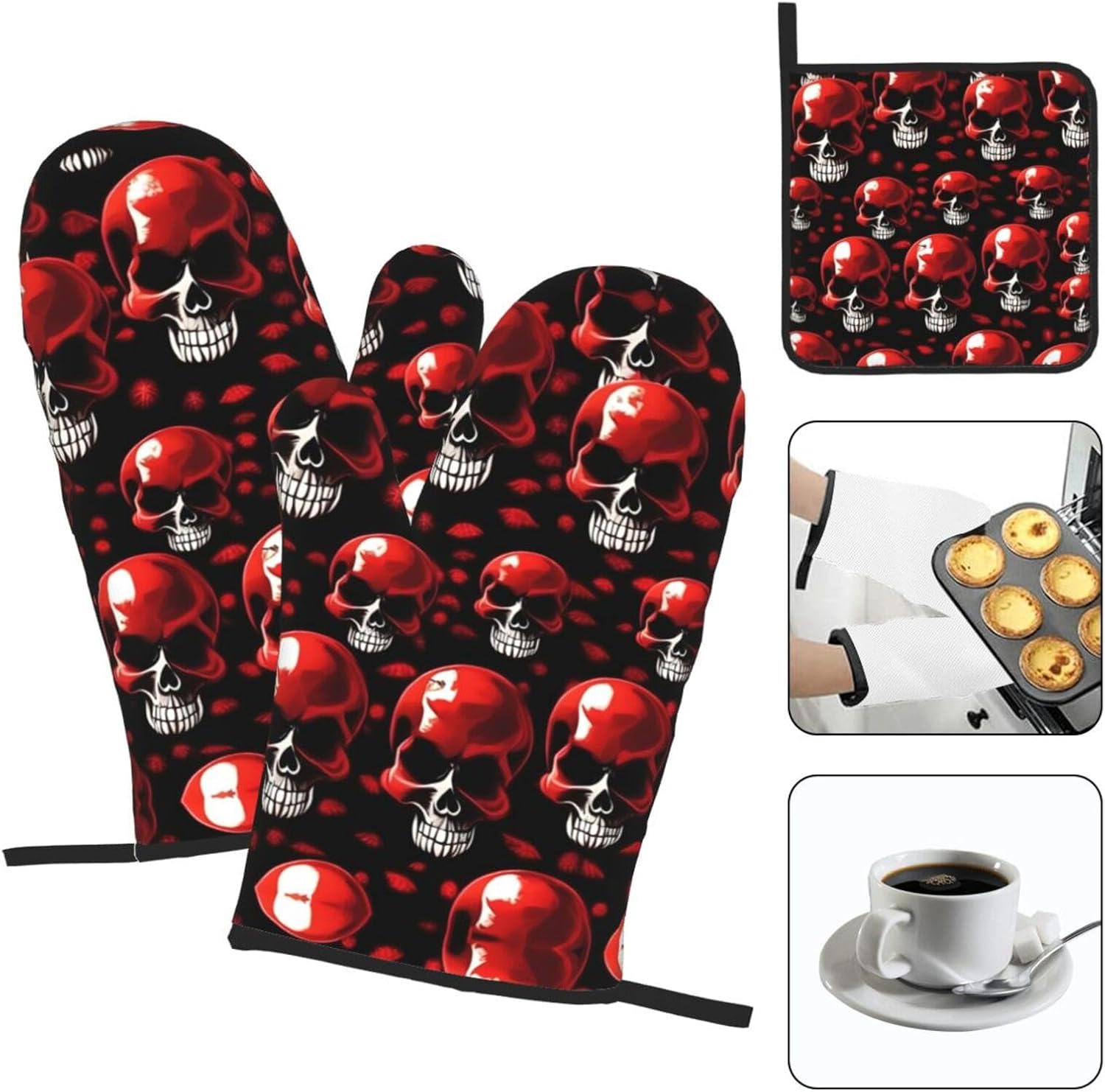 Red Skeletons Print Heat Resistant Microwave Gloves, Used for Baking, Cooking, and Fashion Kitchen Essentials