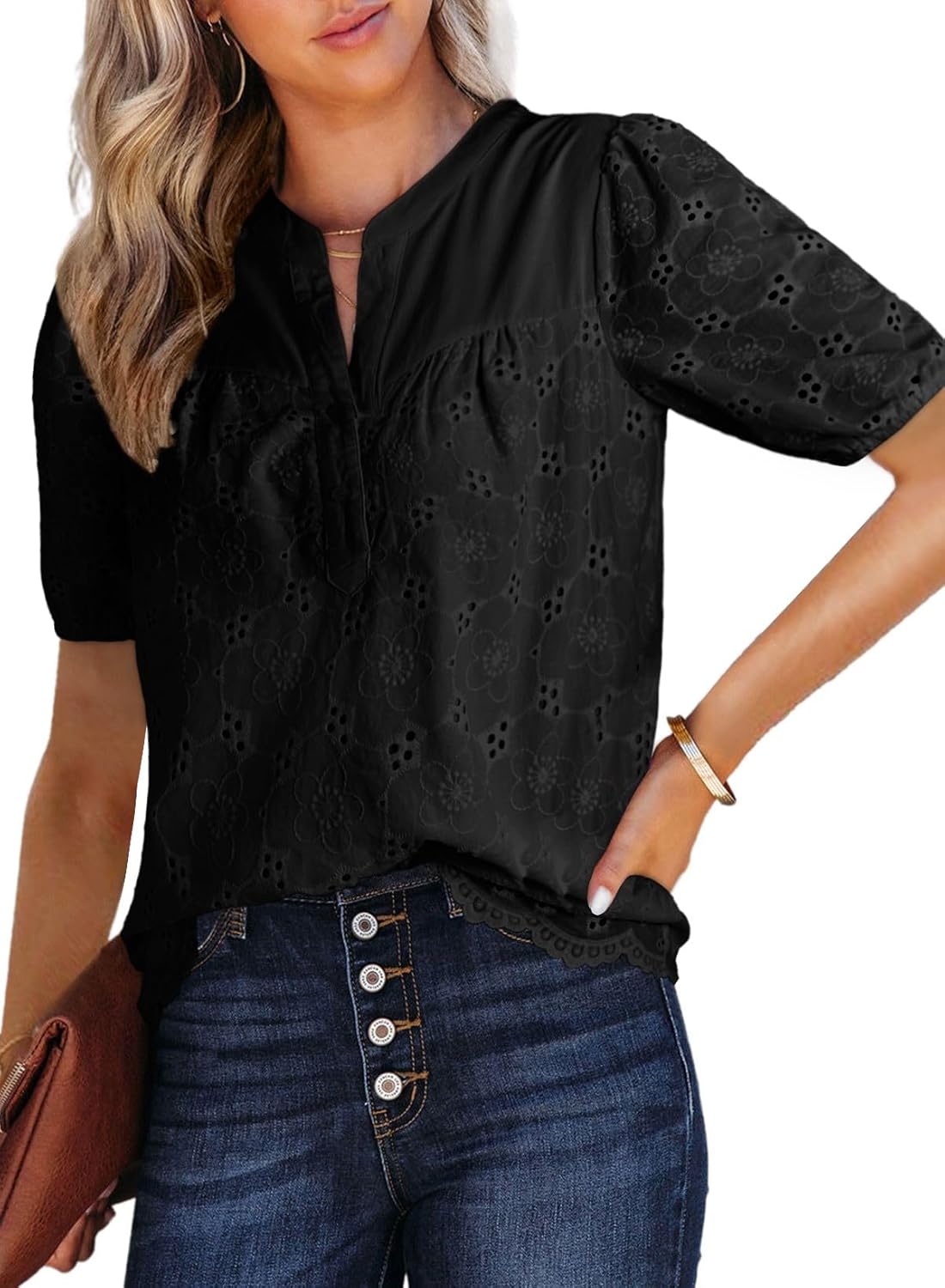 Dokotoo Women's Dressy Casual Lace Blouses Summer Tops Half Sleeve V Neck Buttons Hollow Out Embroiderey Shirts