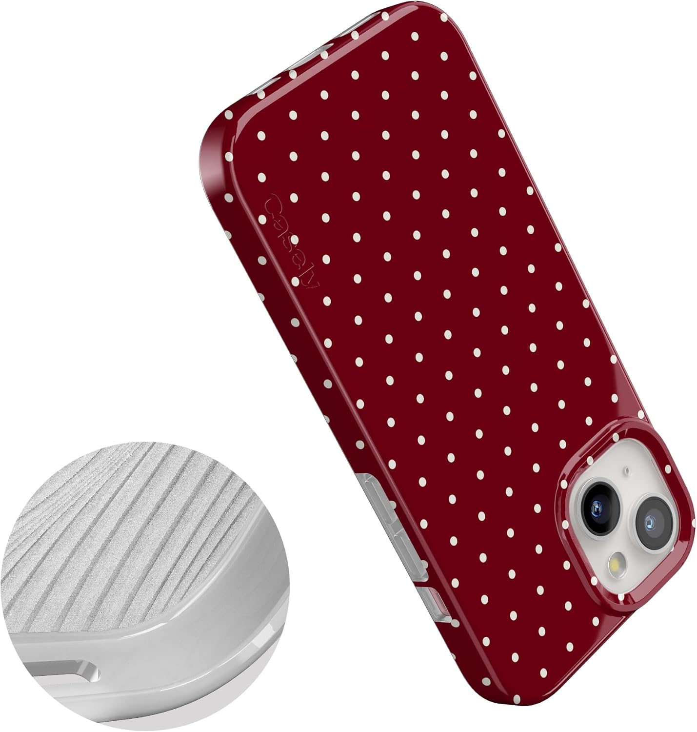Casely iPhone 15 Case | On the Dot | Maroon Polka Dot | Compatible with MagSafe | Classic Ultra Slim Design
