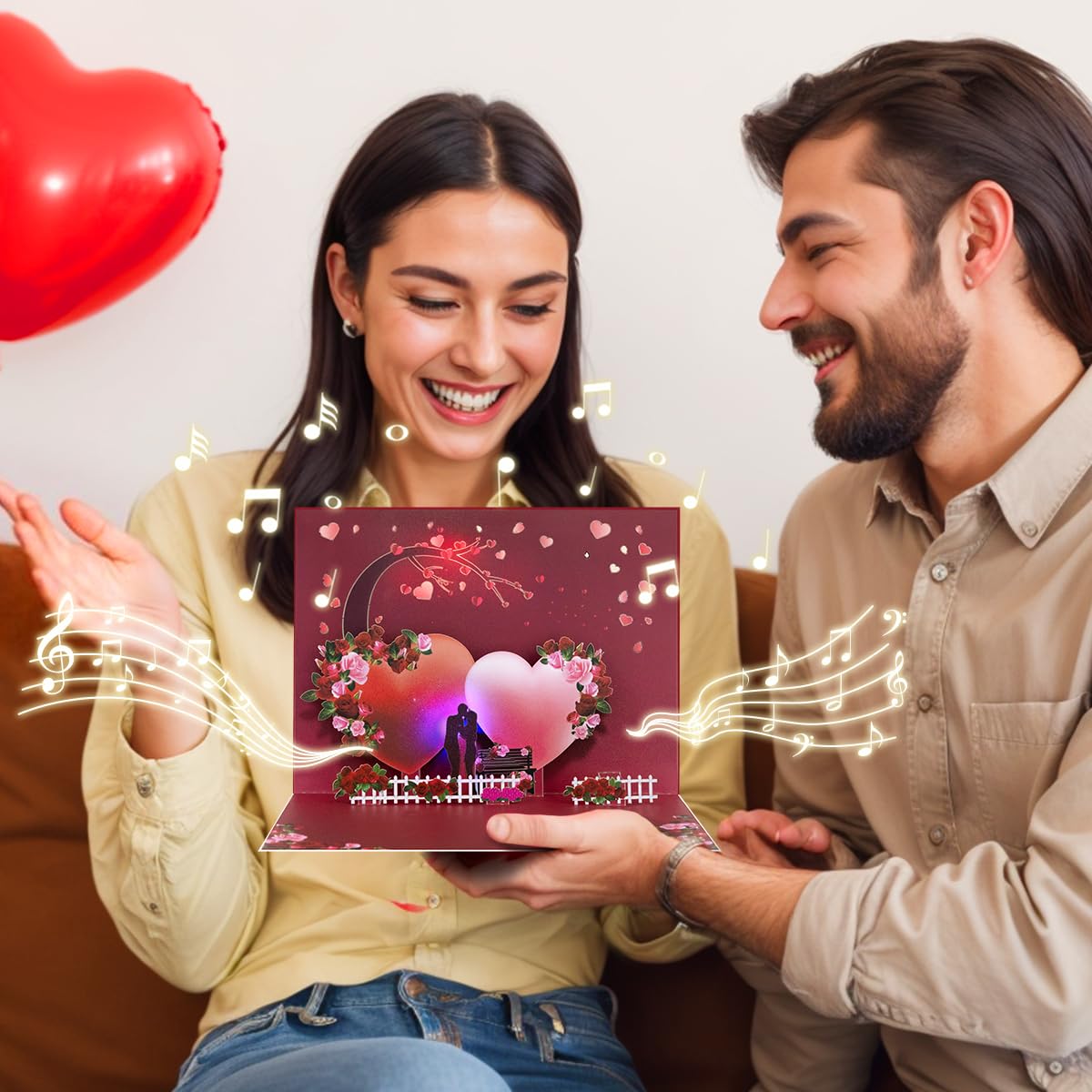 Tarjeta de San Valentín con luz y música, romántica tarjeta de felicitación emergente, aniversario, con sobre.