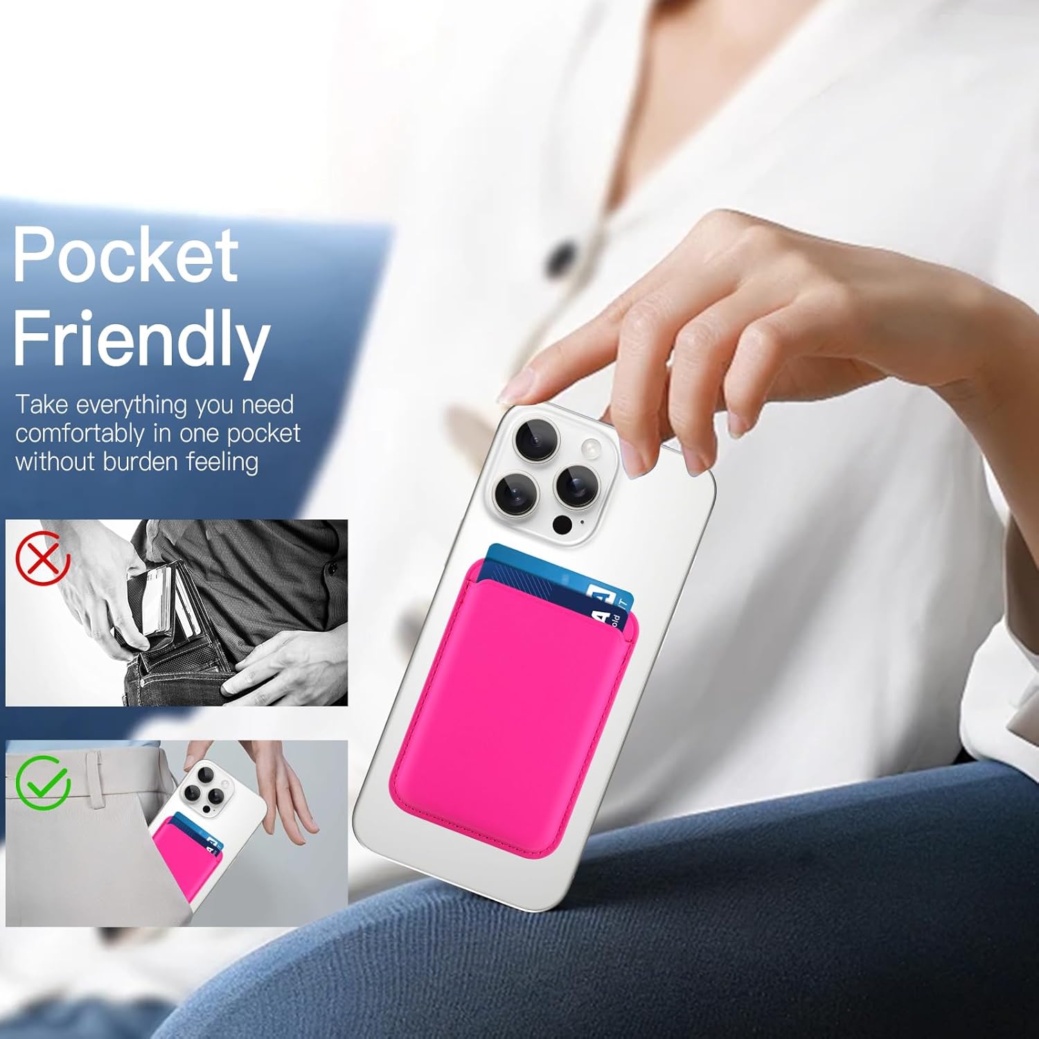 MOWIME Compatible with MagSafe Wallet, Leather TPU Protective for Women Girls, Stronger Magnetic Card Holder Phone Wallet for iPhone 17/16/15/14/13/12 Series, Fit 2 Cards, Hot Pink - Image 7