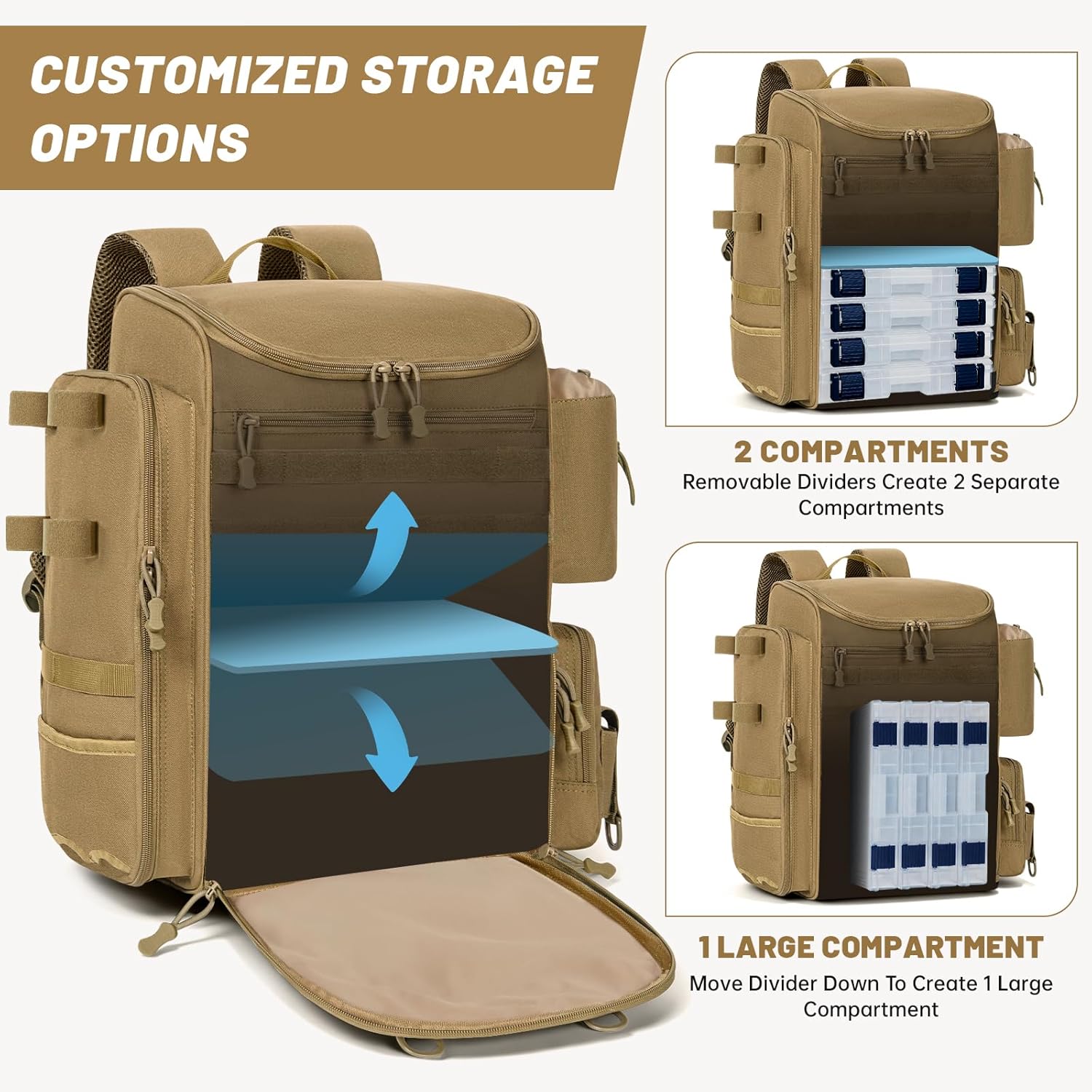 40L Fishing Backpack Water Resistant Fishing Tackle Bag with 2 Rod Holders, Tackle Storage Bag for Anglers(Khaki,Bag Only)