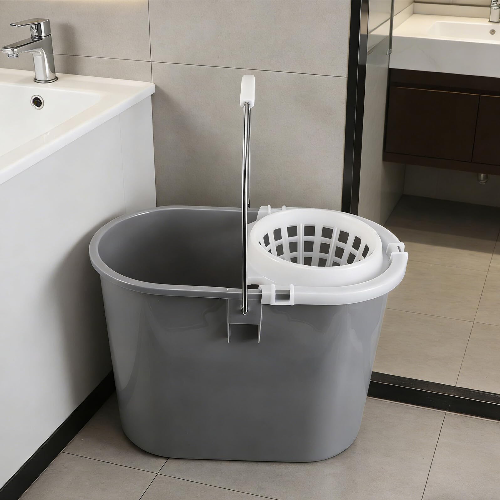 VALICLUD Cubo de Limpieza Comercial de Plástico Gris con Asa y Cesta Lateral, Accesorio Compatible para Trapeador Redondo, Cubo Pequeño para Fregar en Hoteles y Limpieza Industrial