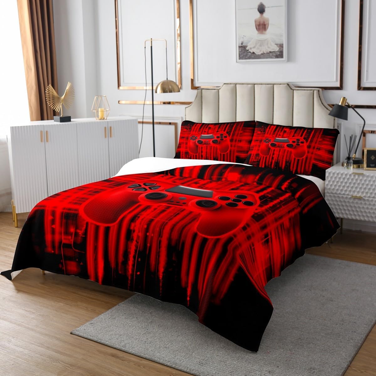 Erosebridal Boys Gamer Coverlet Set Twin Size Gamepad Bedspread Sets for Kids Teens-Game Room Accessories and Decor-Cooling Game Console Bedroom Decor with 1 Pillow Case Bedroom Decor,Red Black image 3