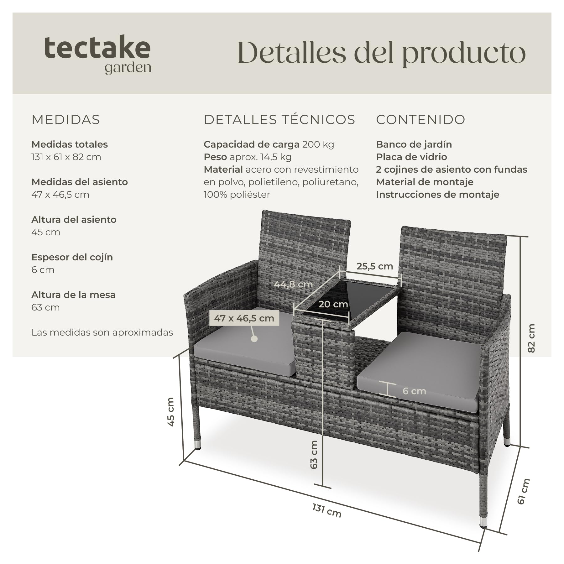 tectake® Banco Exterior con Mesa Integrada, 133 x 63 x 84 cm, Resistente a la Intemperie, Cojín de Asiento de 6 cm, Conjunto de Banco de Jardín para 2 Personas - Gris/Gris Claro