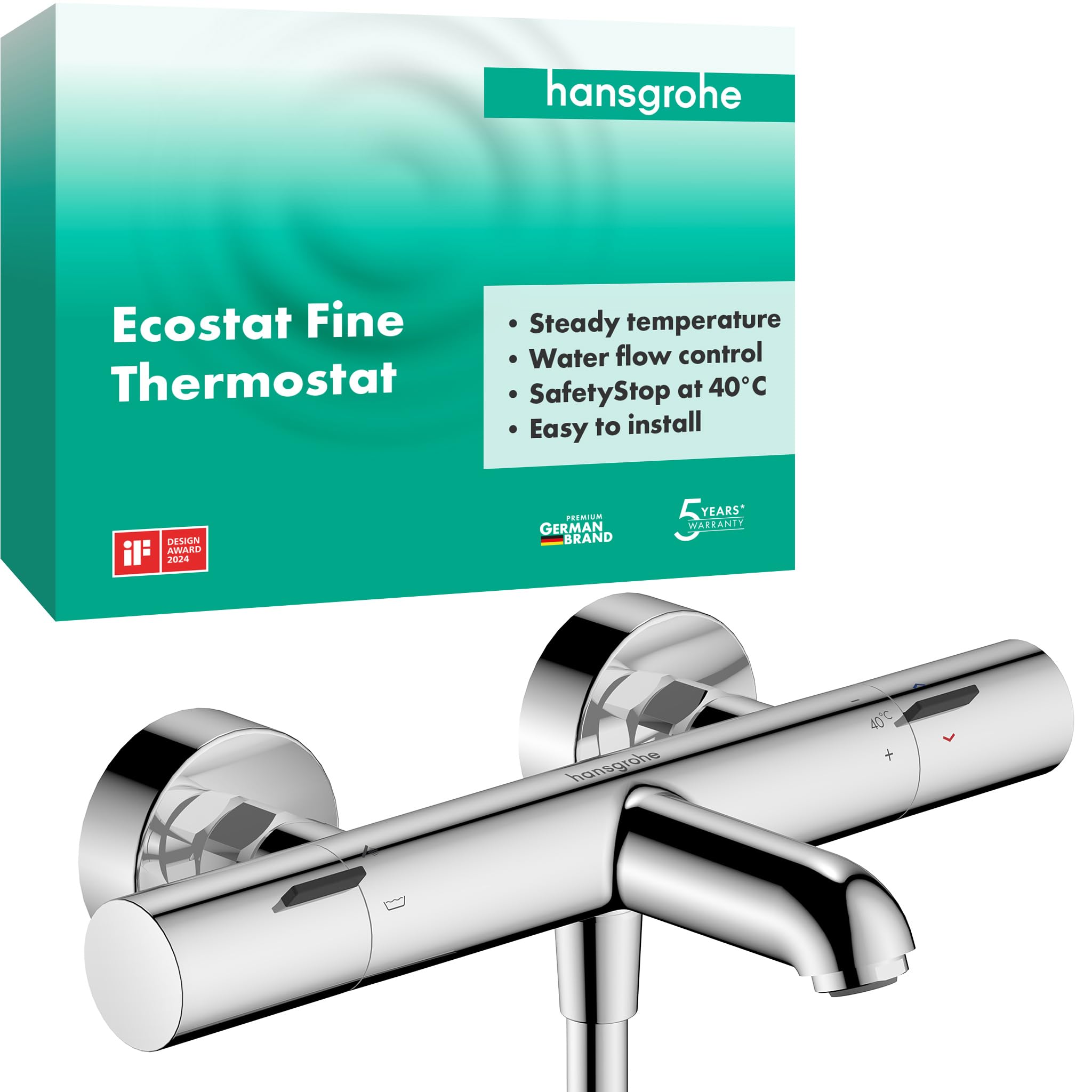 hansgrohe Ecostat Fine - Wannenthermostat Aufputz, Wannenarmatur mit Sicherheitssperre (SafetyStop) bei 40° C, Thermostat für die Badewanne, Mischbatterie für 2 Verbraucher, Chrom, 13325000