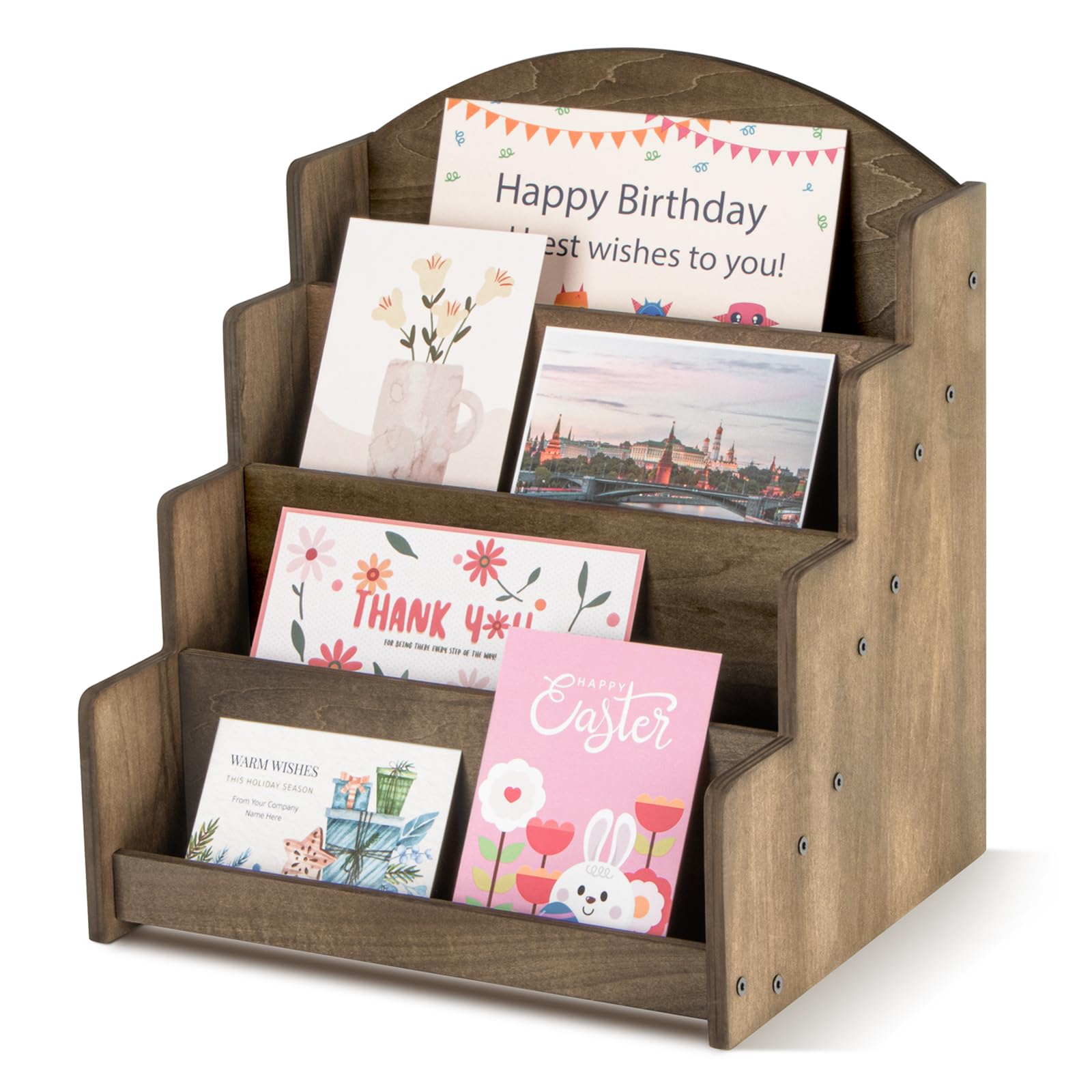 Puersi Brown Wooden Greeting Card Display Stand Holder Rack Organizer For Postcards, Stickers, Retail Stores,