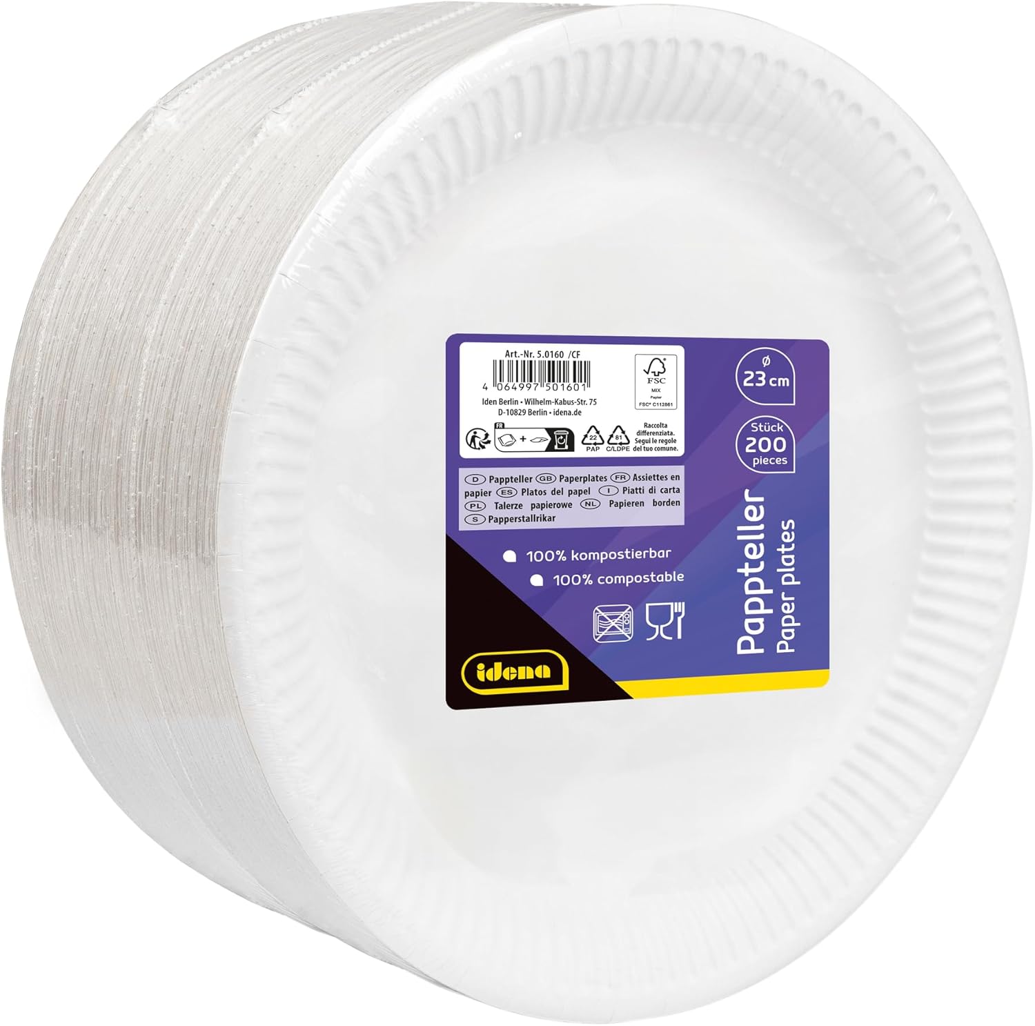 Idena 50160 Party Plates, White, Pack of 200, Diameter 23 cm, FSC Certified, 100% Compostable Paper Plates, for Parties, Barbecues and Picnics