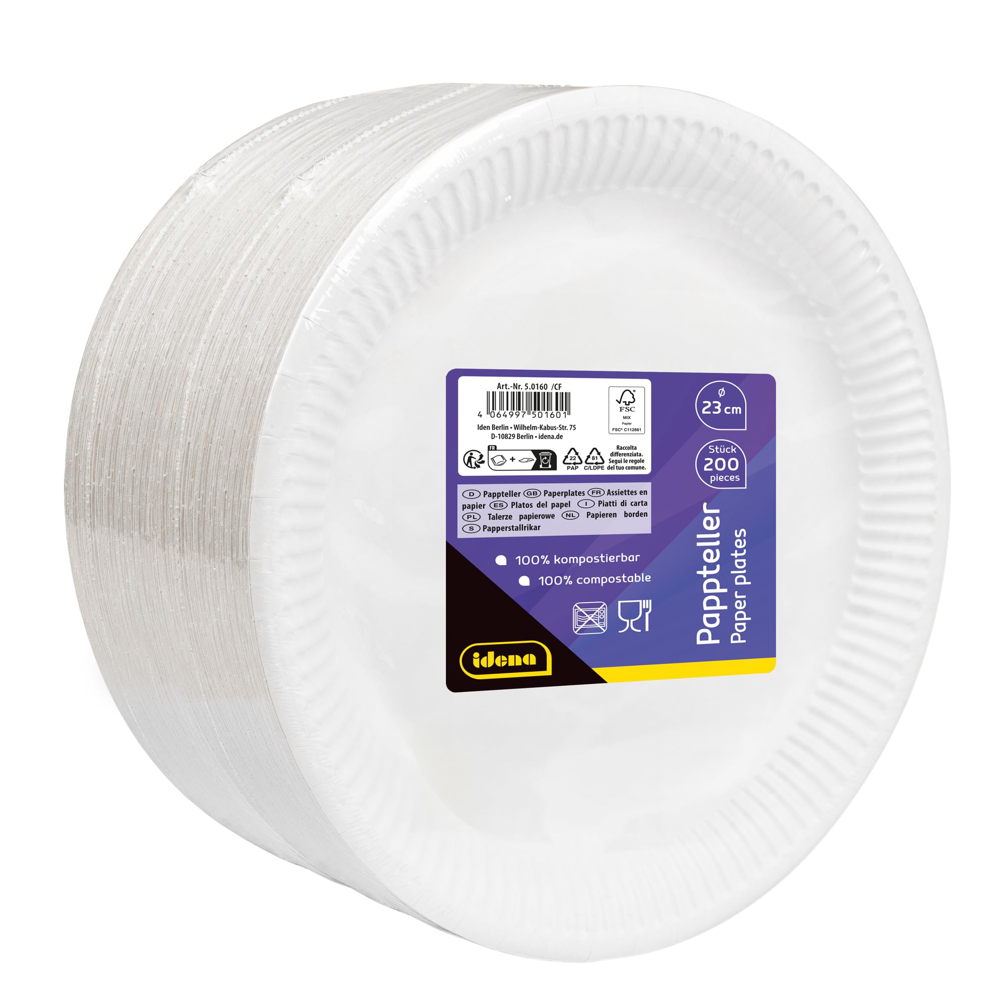 Idena 50160 - Piatto Party Bianco, 200 Pezzi,⌀ 23 cm, Certificato FSC, Piatto di Carta 100% compostabile, per Feste, Barbecue e Picnic - 3