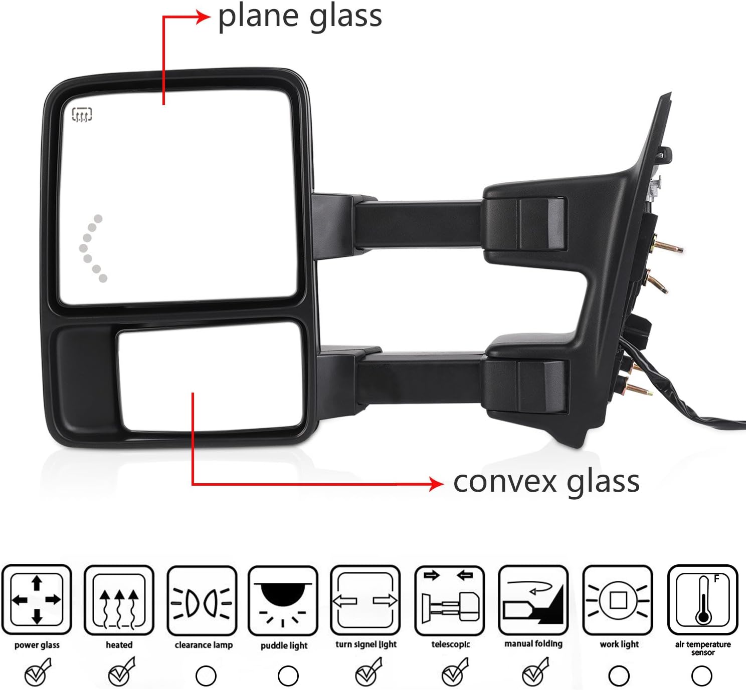 Perfit Zone TOWING MIRROR PAIR SET Replacement For 1999-2007 F250/F350/F450/F550 Super Duty, 01-05 Excursion Extendable Smoke Power Heated with Signal Light Side Mirrors