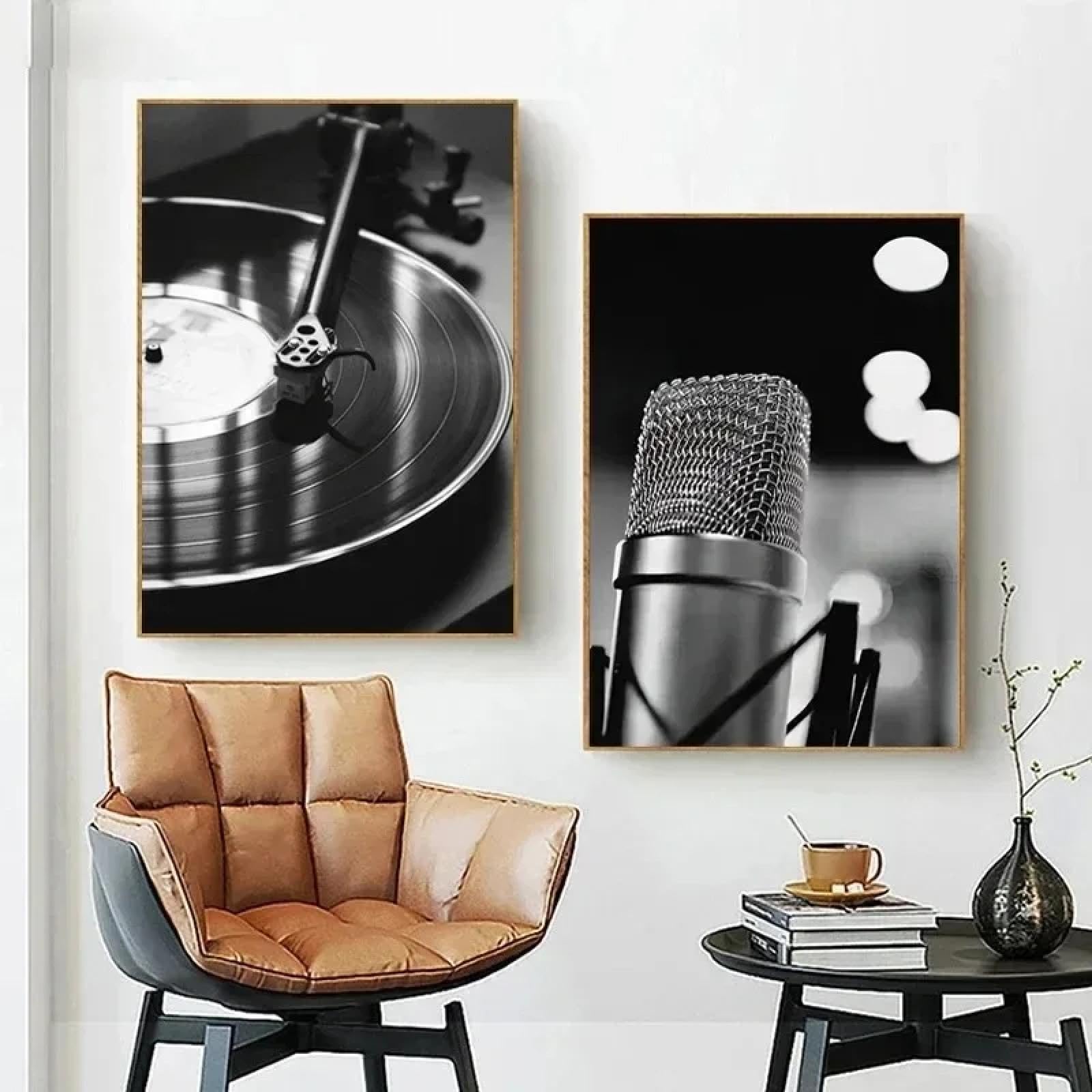 BMGKYAGL Vintage muzyka płyta winylowa plakat sztuka ścienna czarno-białe zdjęcie słuchawki radio płótno obraz dekoracja 20 x 30 cm x 2 ramki